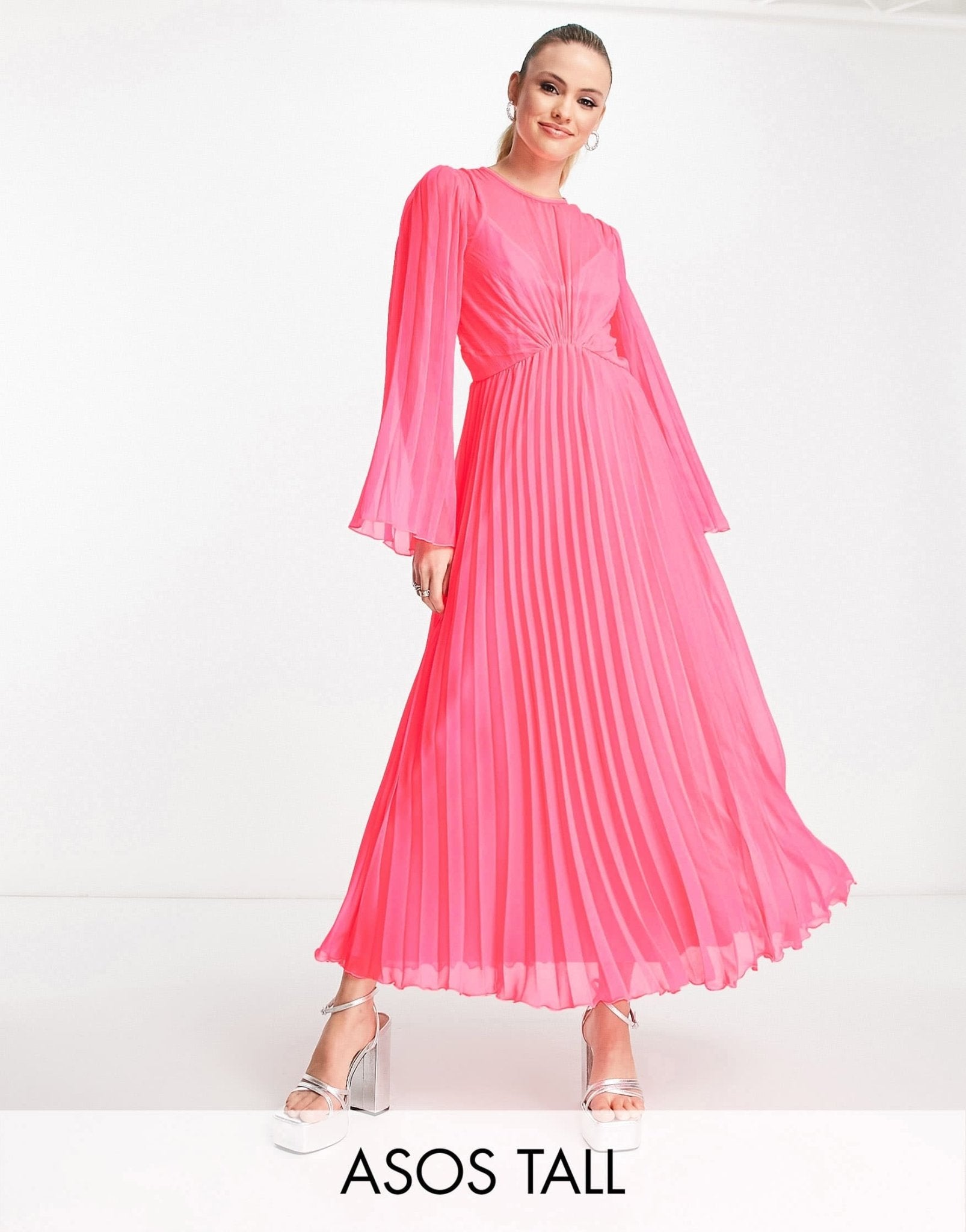 ASOS DESIGN Tall tie back fluted sleeve pleated midi dress in fluro pink - ASOS Sample Sale EU Store