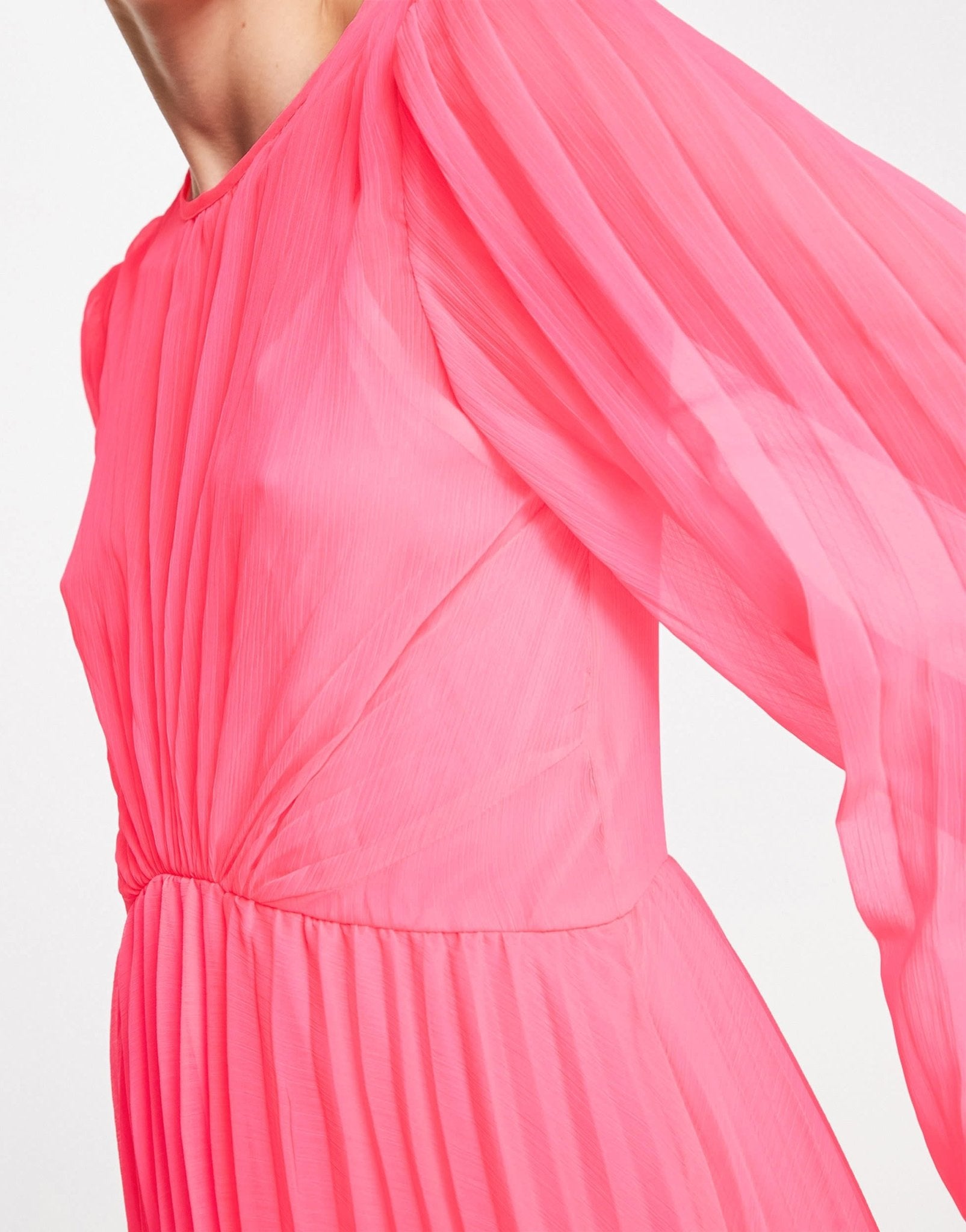 ASOS DESIGN Tall tie back fluted sleeve pleated midi dress in fluro pink - ASOS Sample Sale EU Store