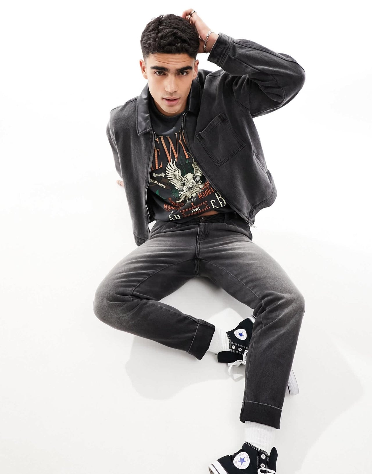 ASOS DESIGN tapered fit turn up jeans with pleats in washed black - ASOS Sample Sale EU Store