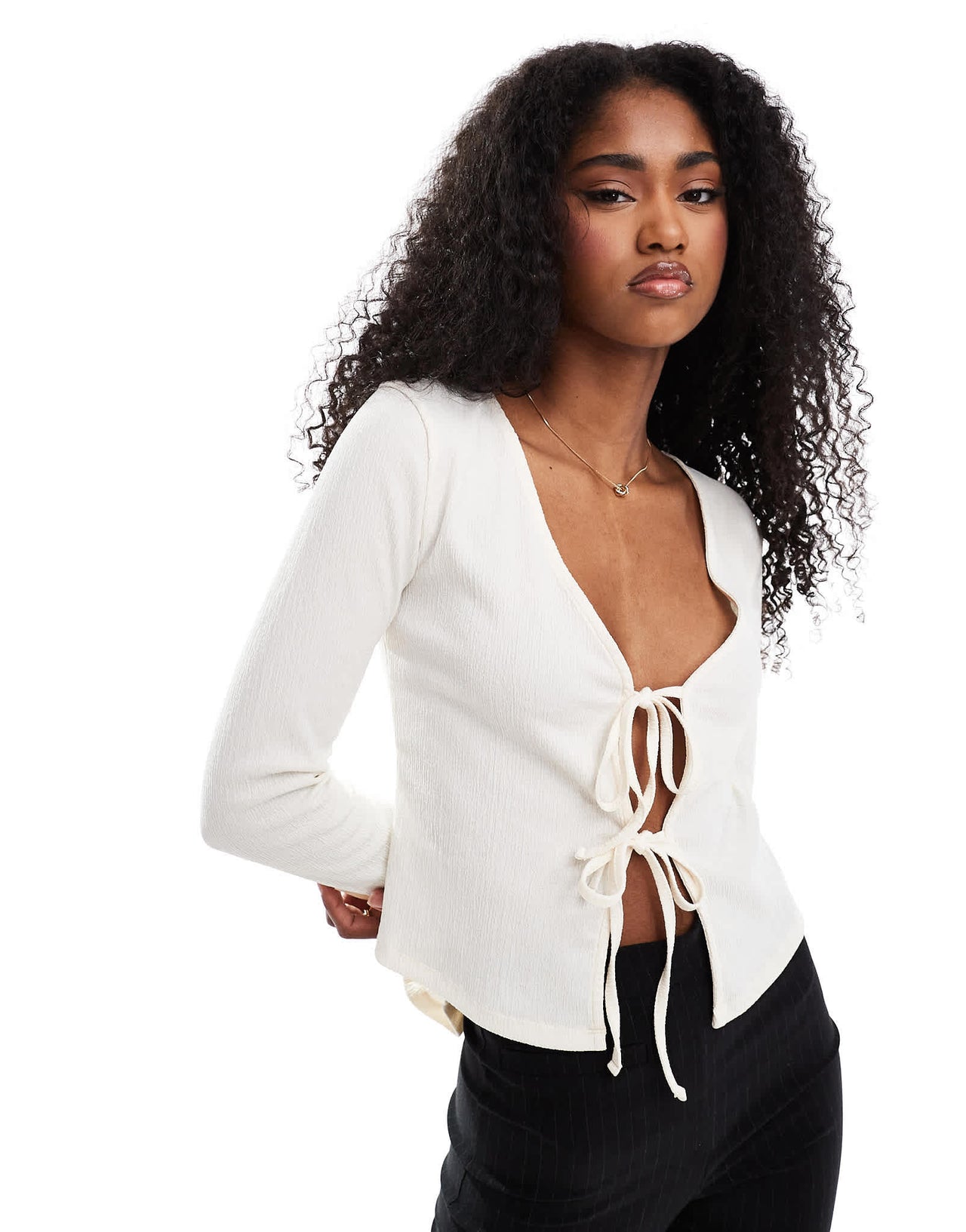 ASOS DESIGN texture tie front top with flute sleeve in cream - ASOS Sample Sale EU Store