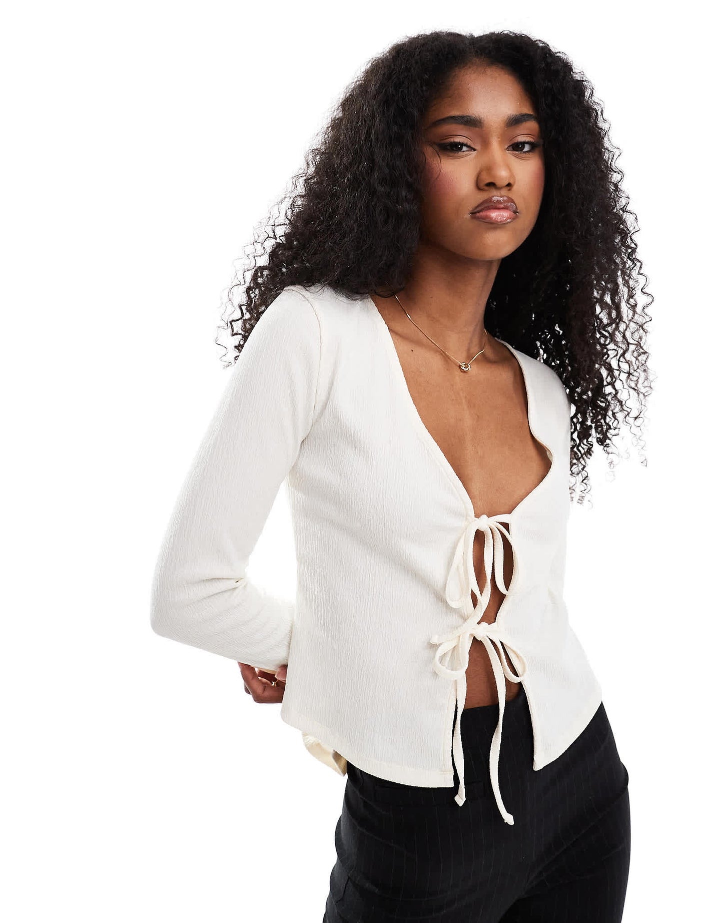 ASOS DESIGN texture tie front top with flute sleeve in cream - ASOS Sample Sale EU Store