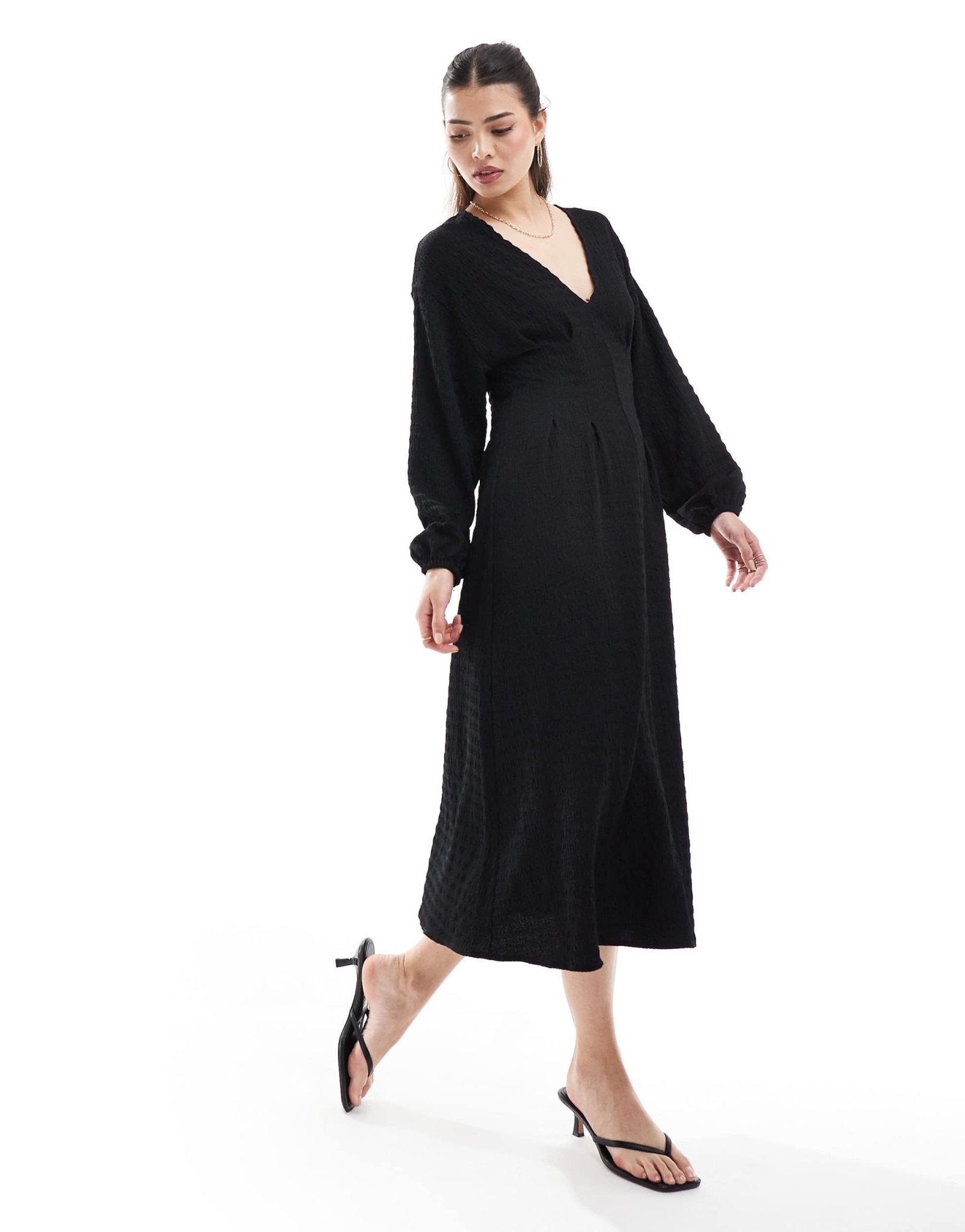 ASOS DESIGN textured balloon sleeve midi dress in black - ASOS Sample Sale EU Store