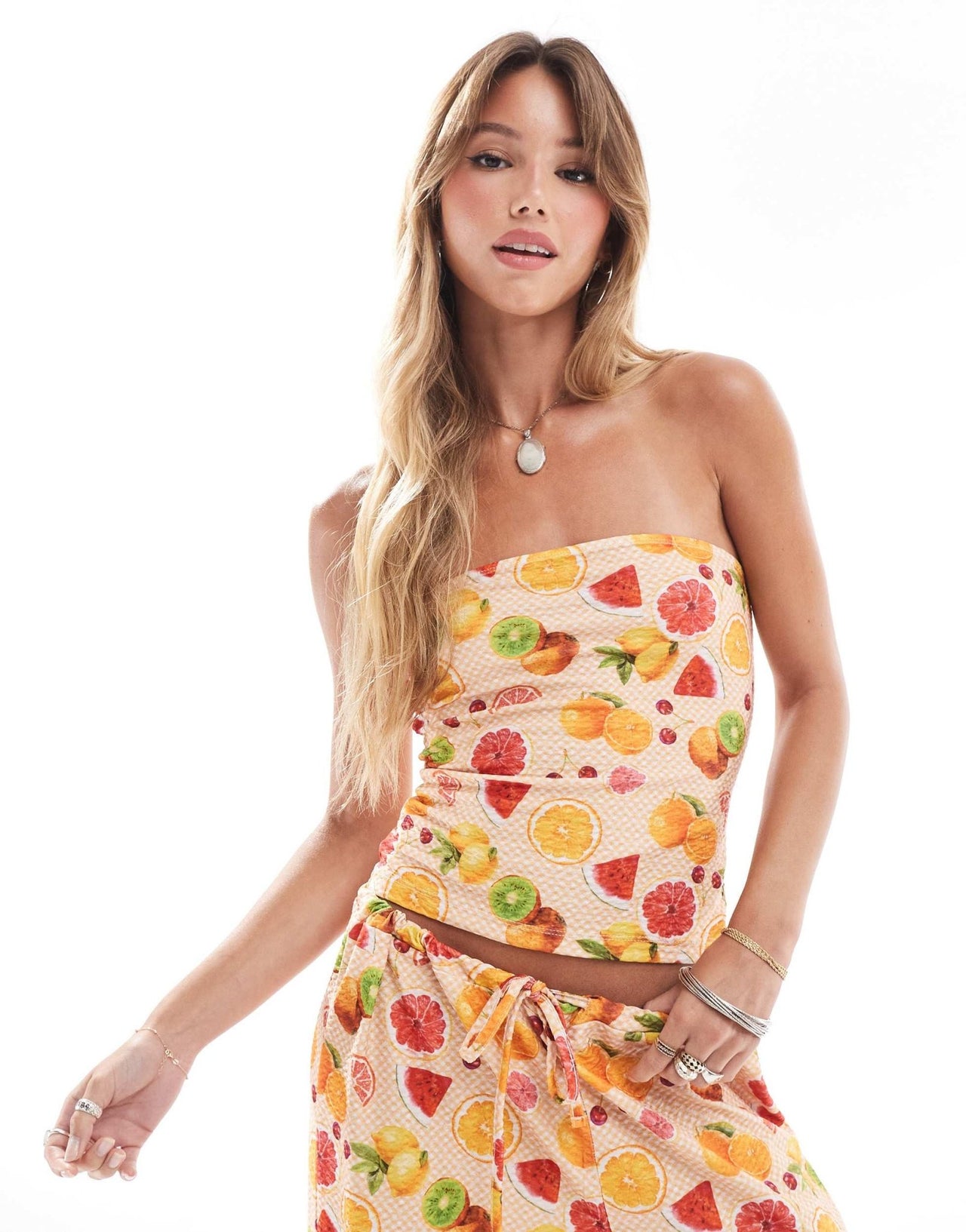 ASOS DESIGN textured bandeau co - ord in orange fruit print - ASOS Sample Sale EU Store