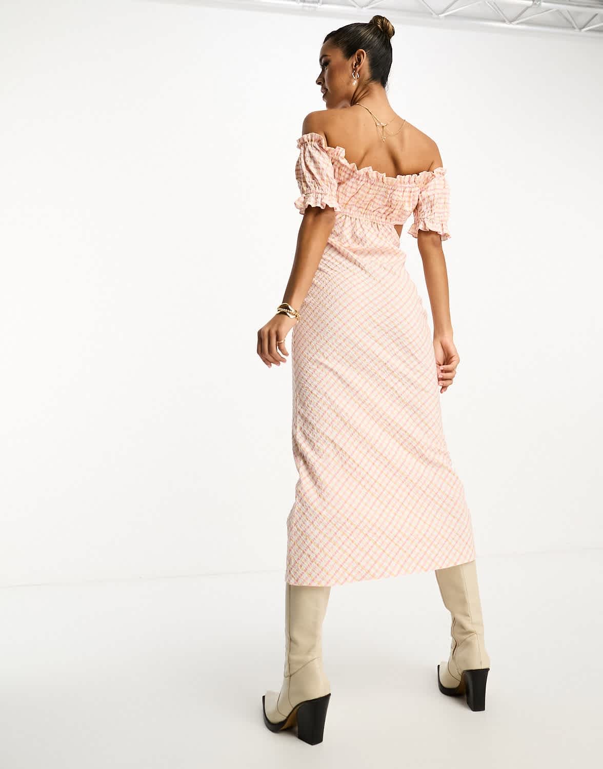ASOS DESIGN textured bardot midi dress with cut out side in pink and yellow check - ASOS Sample Sale EU Store