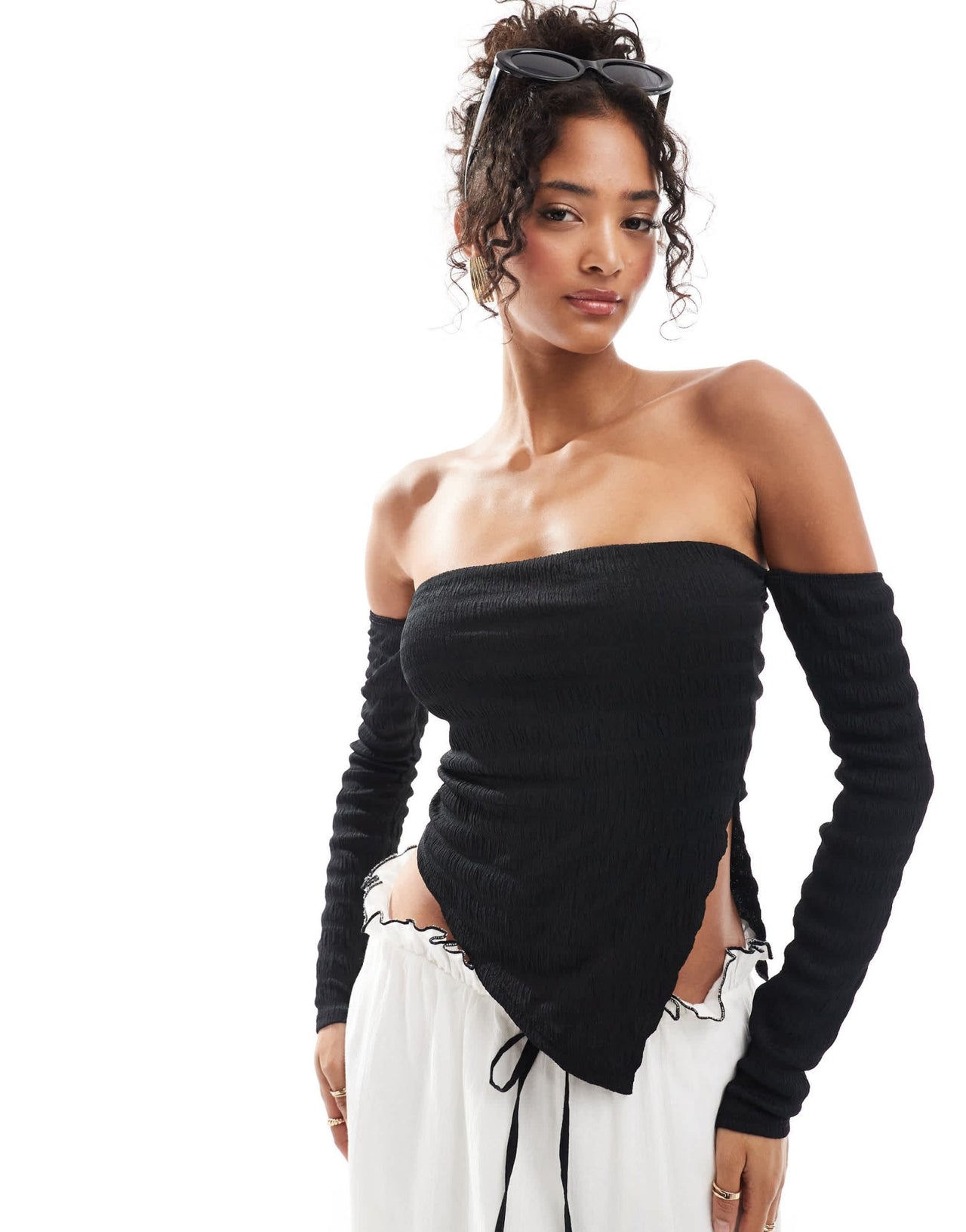 ASOS DESIGN textured bardot top with asymmetric hem in black - ASOS Sample Sale EU Store