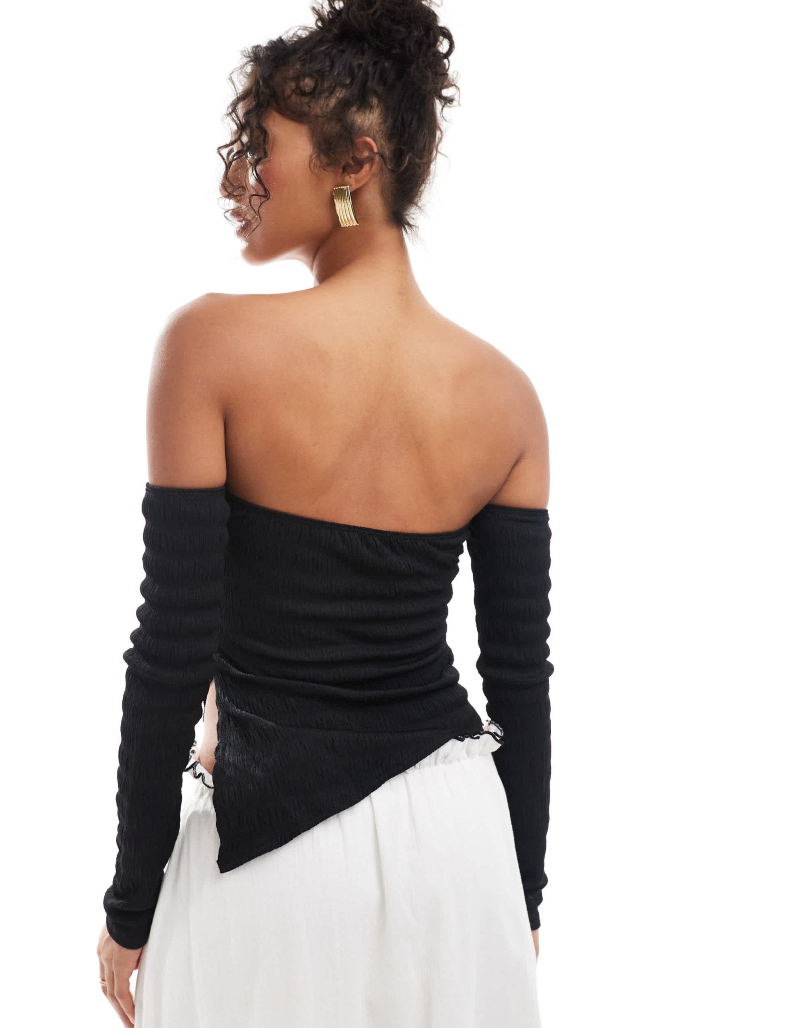 ASOS DESIGN textured bardot top with asymmetric hem in black - ASOS Sample Sale EU Store