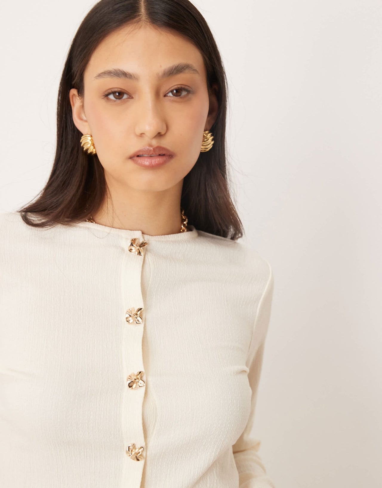 ASOS DESIGN textured cardigan with golden button detail in ecru - ASOS Sample Sale EU Store