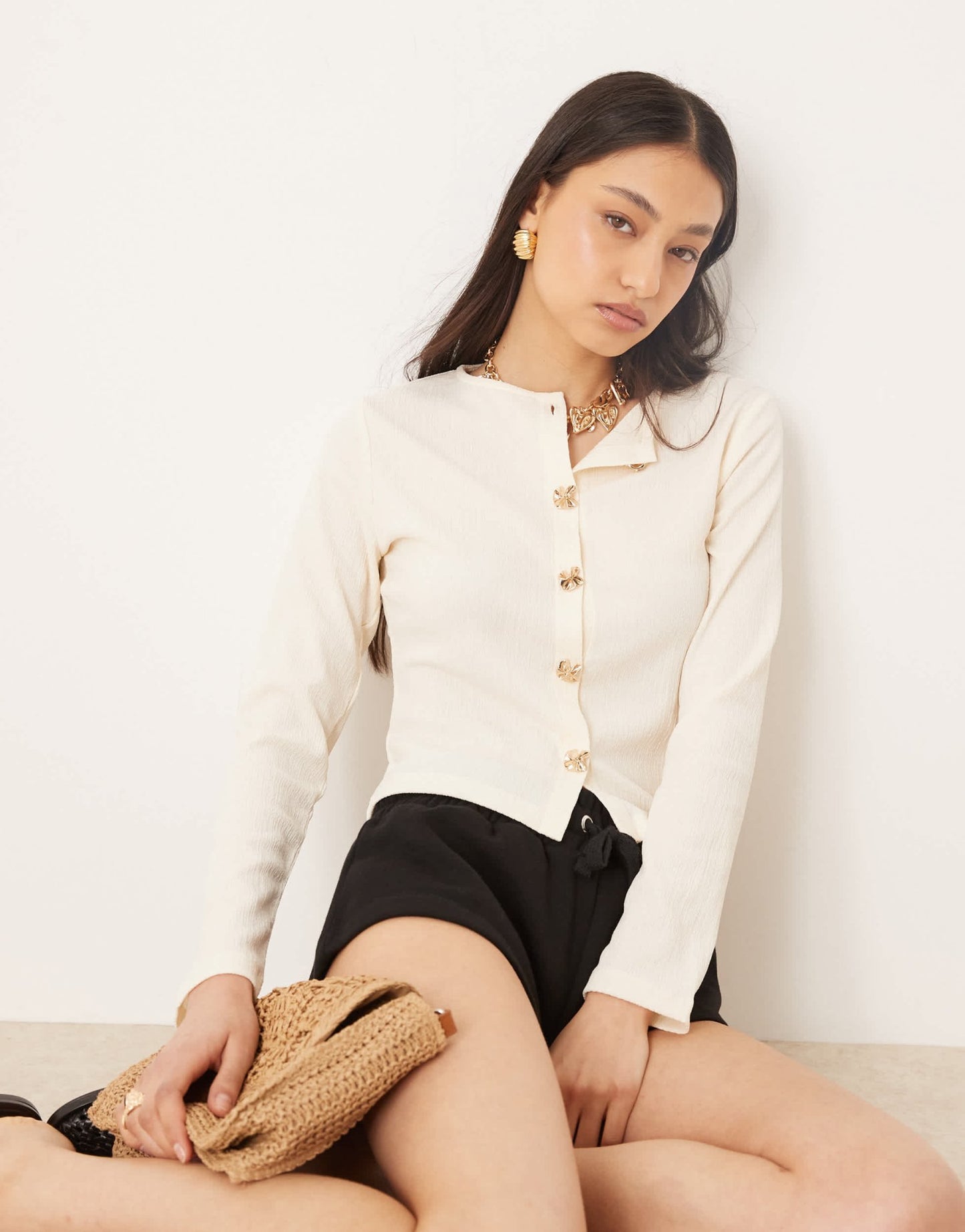 ASOS DESIGN textured cardigan with golden button detail in ecru - ASOS Sample Sale EU Store