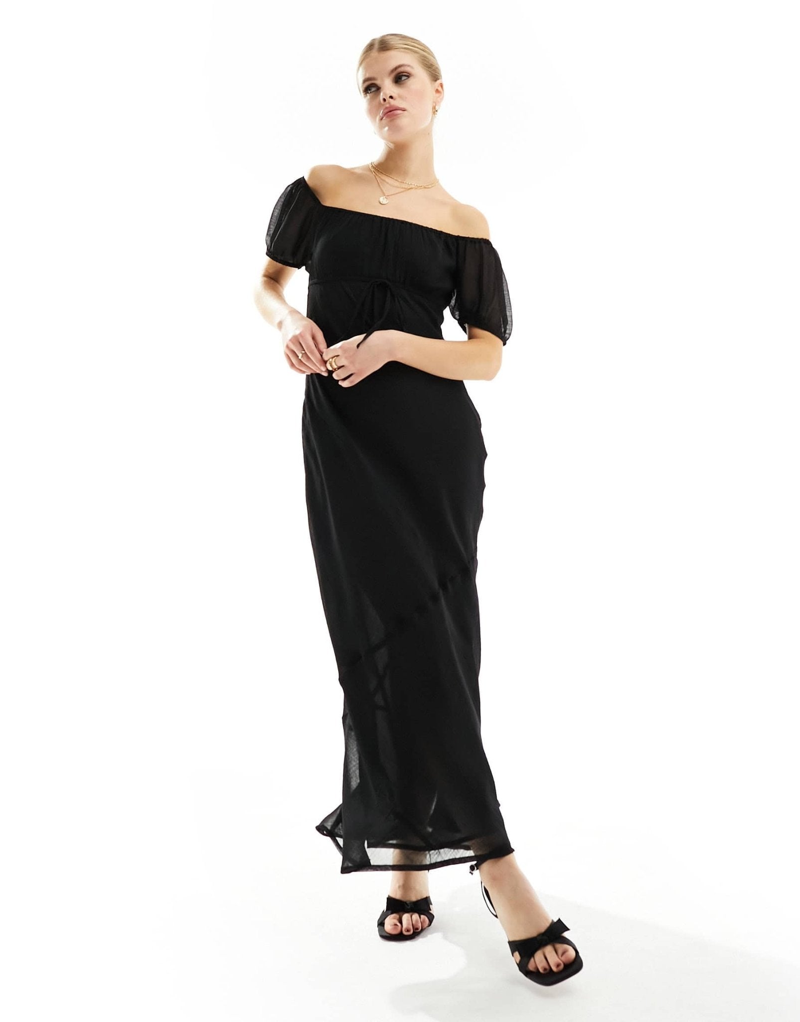 ASOS DESIGN textured chiffon bardot milkmaid bust midi dress with seam detail in black - ASOS Sample Sale EU Store