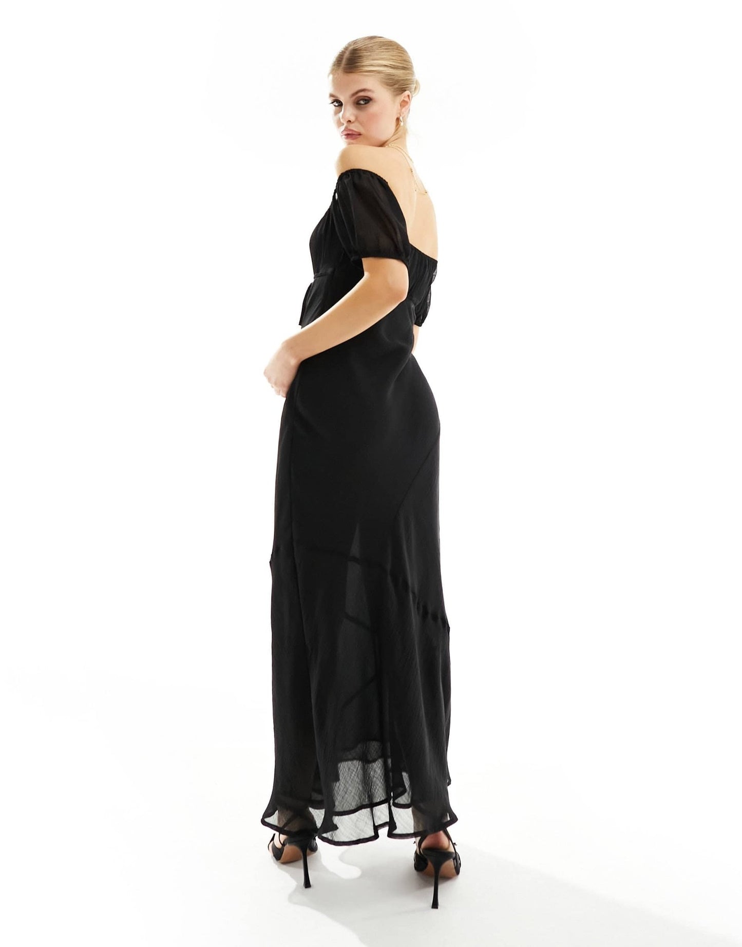 ASOS DESIGN textured chiffon bardot milkmaid bust midi dress with seam detail in black - ASOS Sample Sale EU Store