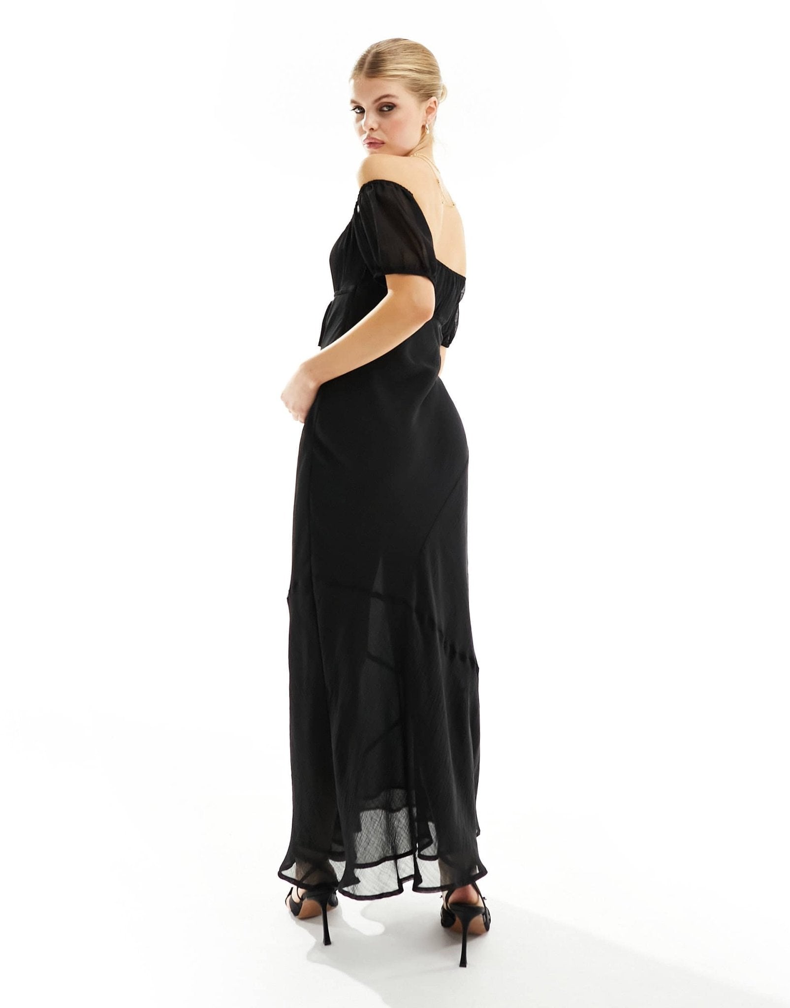 ASOS DESIGN textured chiffon bardot milkmaid bust midi dress with seam detail in black - ASOS Sample Sale EU Store