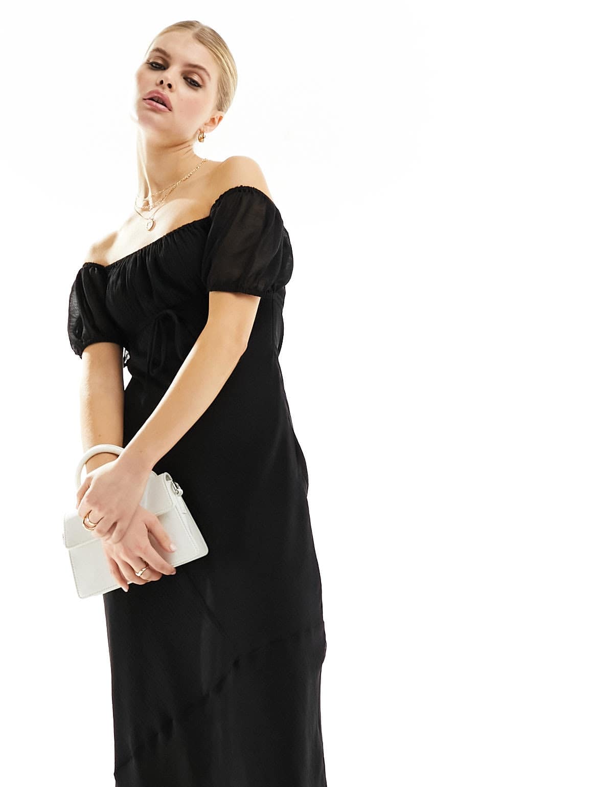 ASOS DESIGN textured chiffon bardot milkmaid bust midi dress with seam detail in black - ASOS Sample Sale EU Store