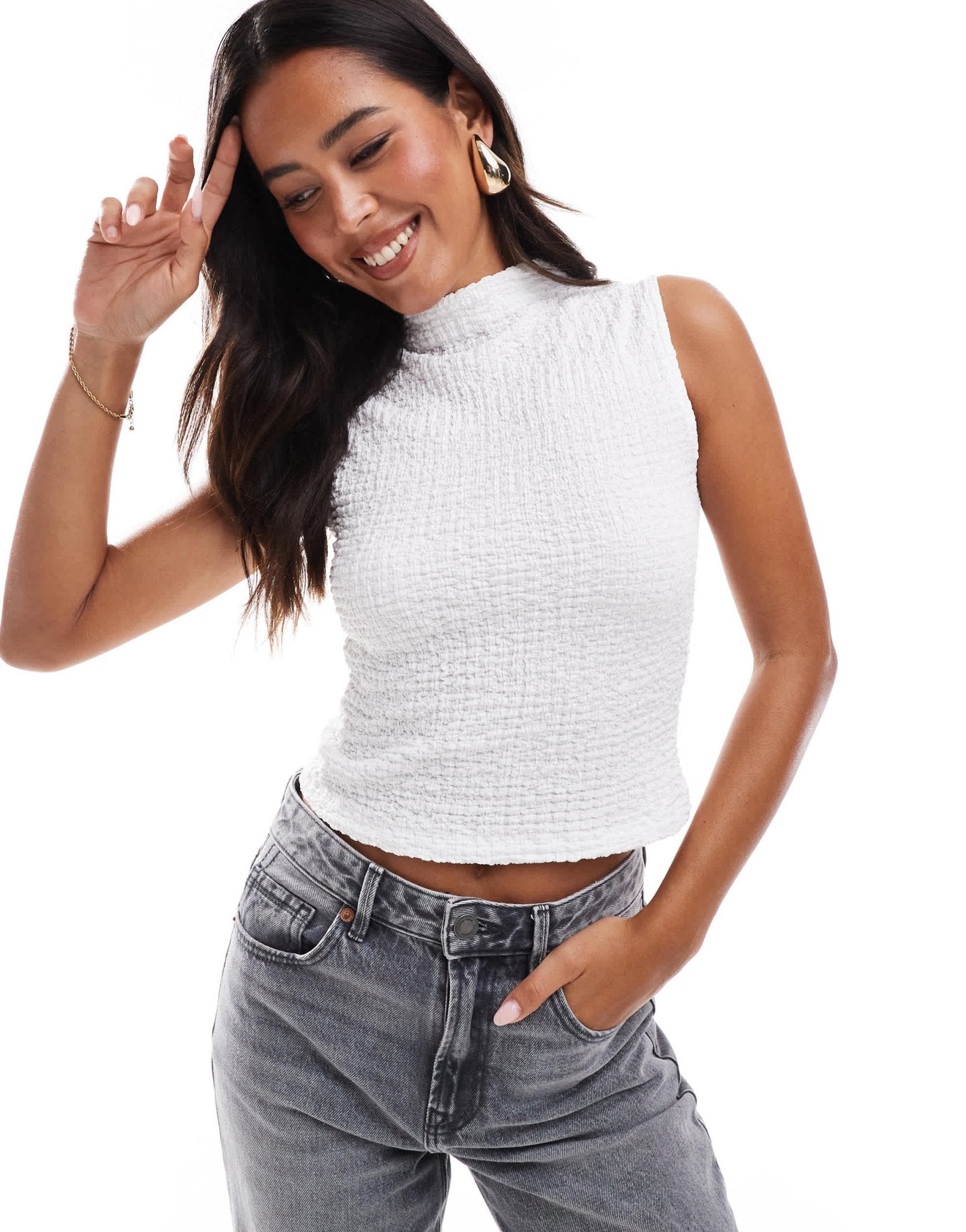 ASOS DESIGN textured high neck top in ivory - ASOS Sample Sale EU Store