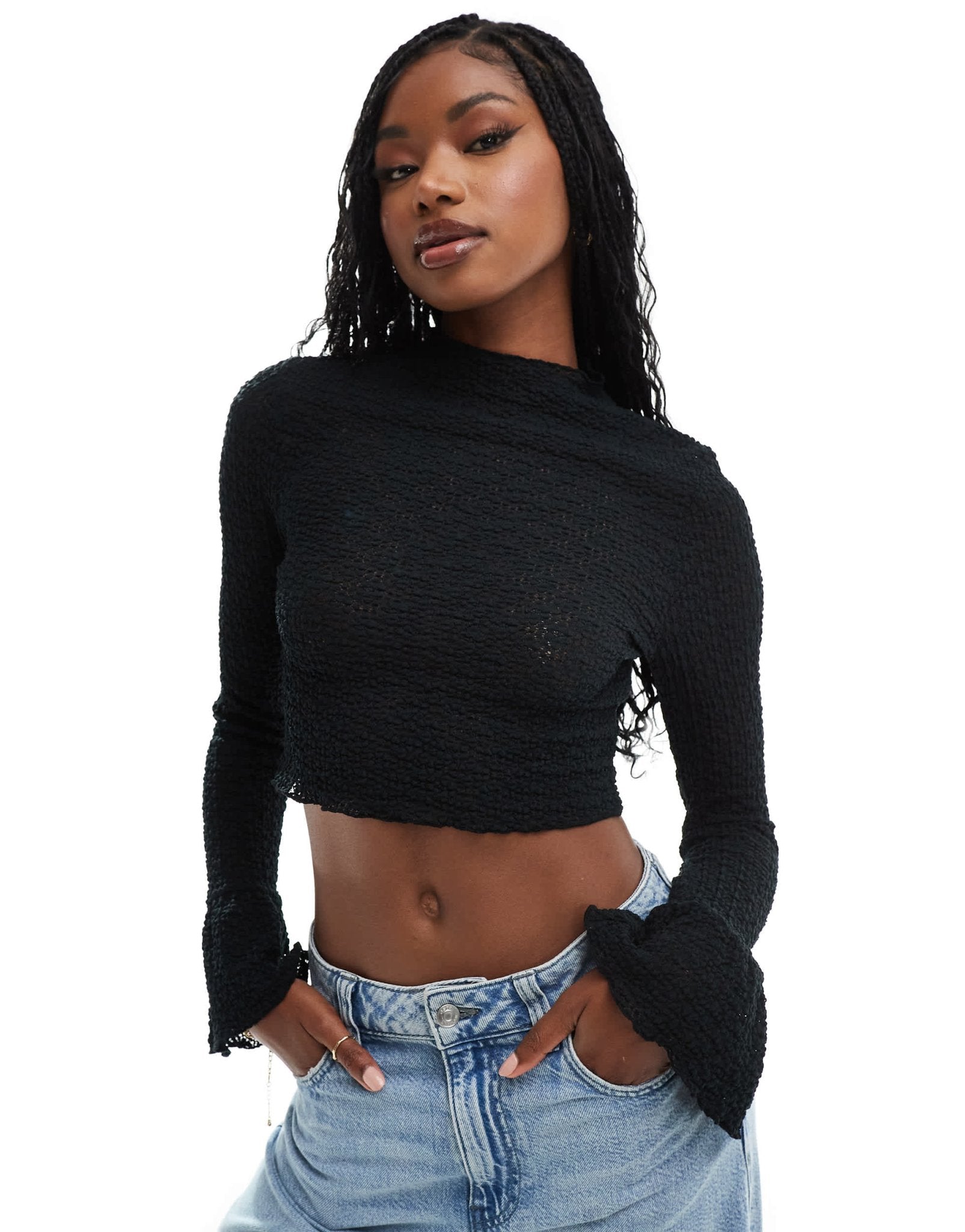 ASOS DESIGN textured long sleeve top with flared cuffs in black - ASOS Sample Sale EU Store