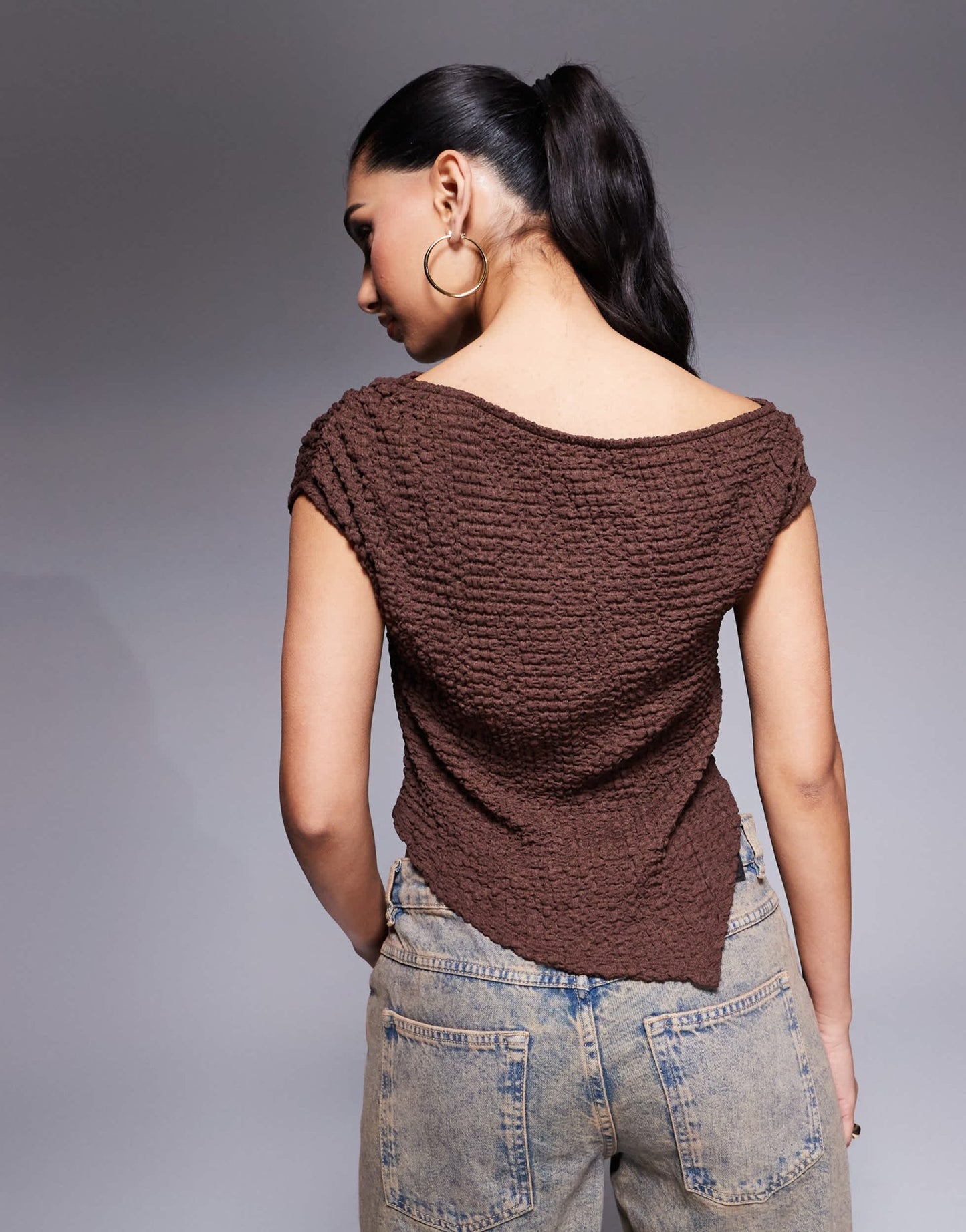 ASOS DESIGN textured off shoulder asymmetric hem top in brown - ASOS Sample Sale EU Store