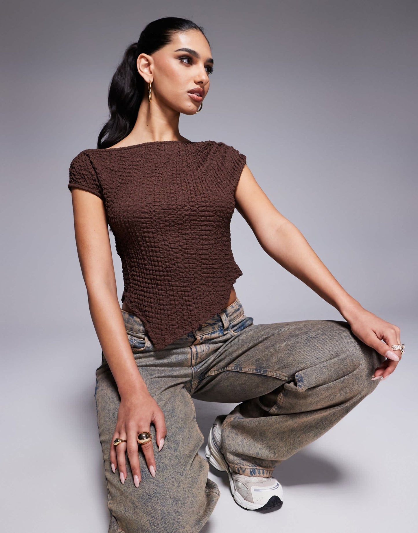 ASOS DESIGN textured off shoulder asymmetric hem top in brown - ASOS Sample Sale EU Store