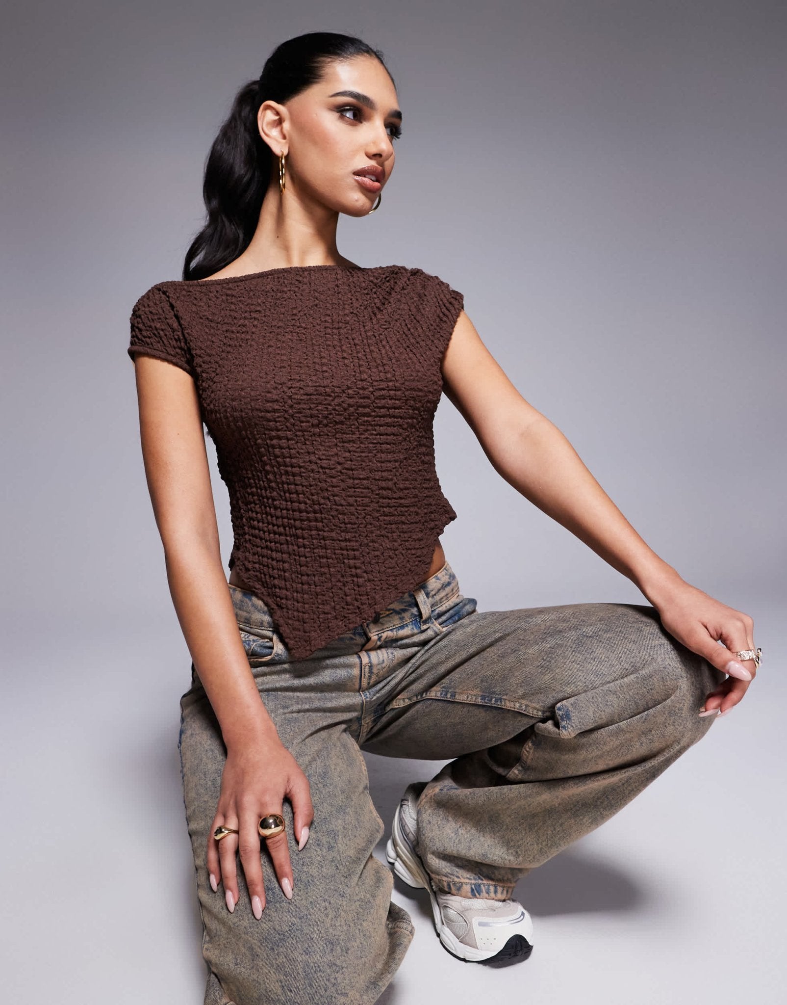 ASOS DESIGN textured off shoulder asymmetric hem top in brown - ASOS Sample Sale EU Store