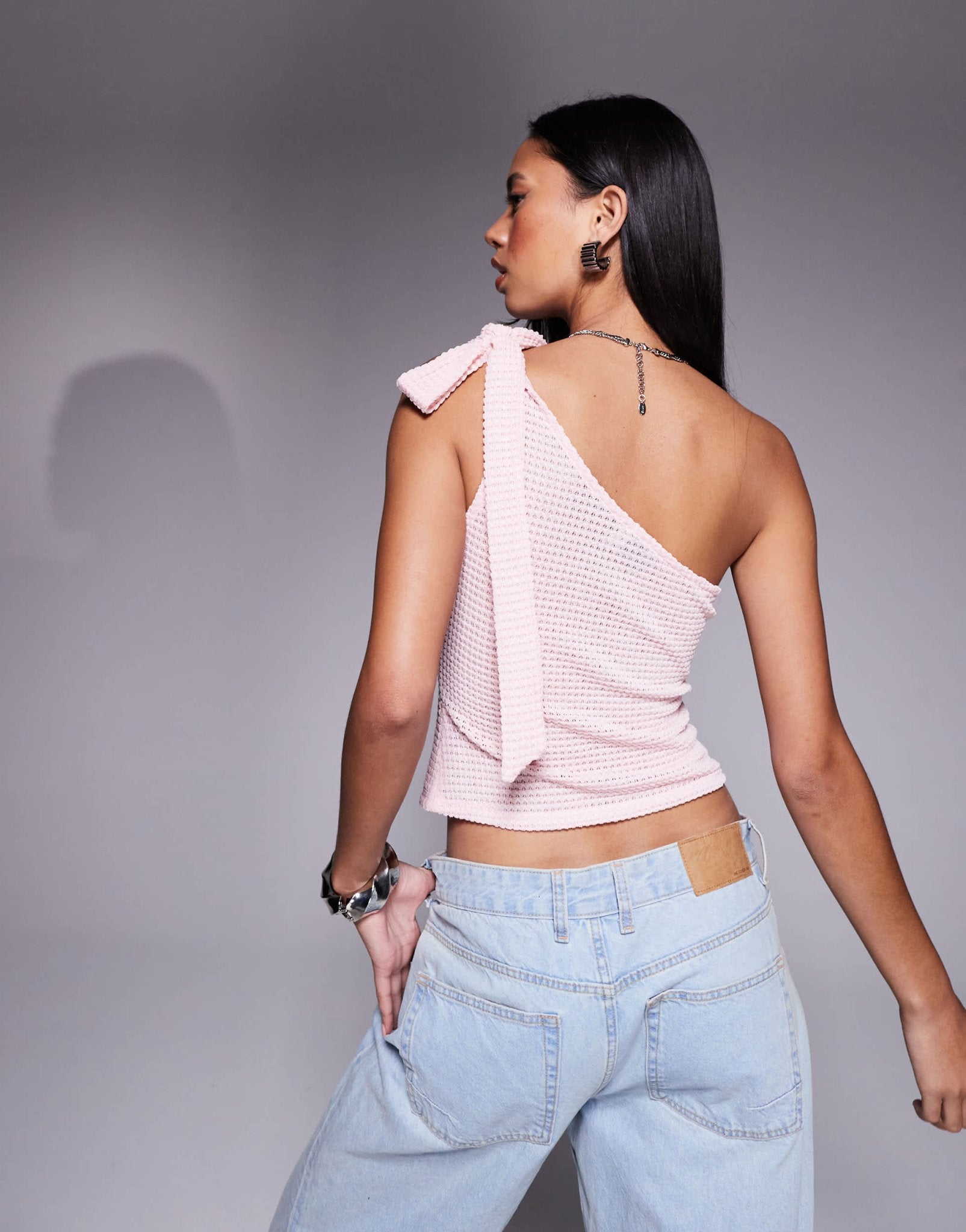 ASOS DESIGN textured one shoulder bow top in baby pink - ASOS Sample Sale EU Store