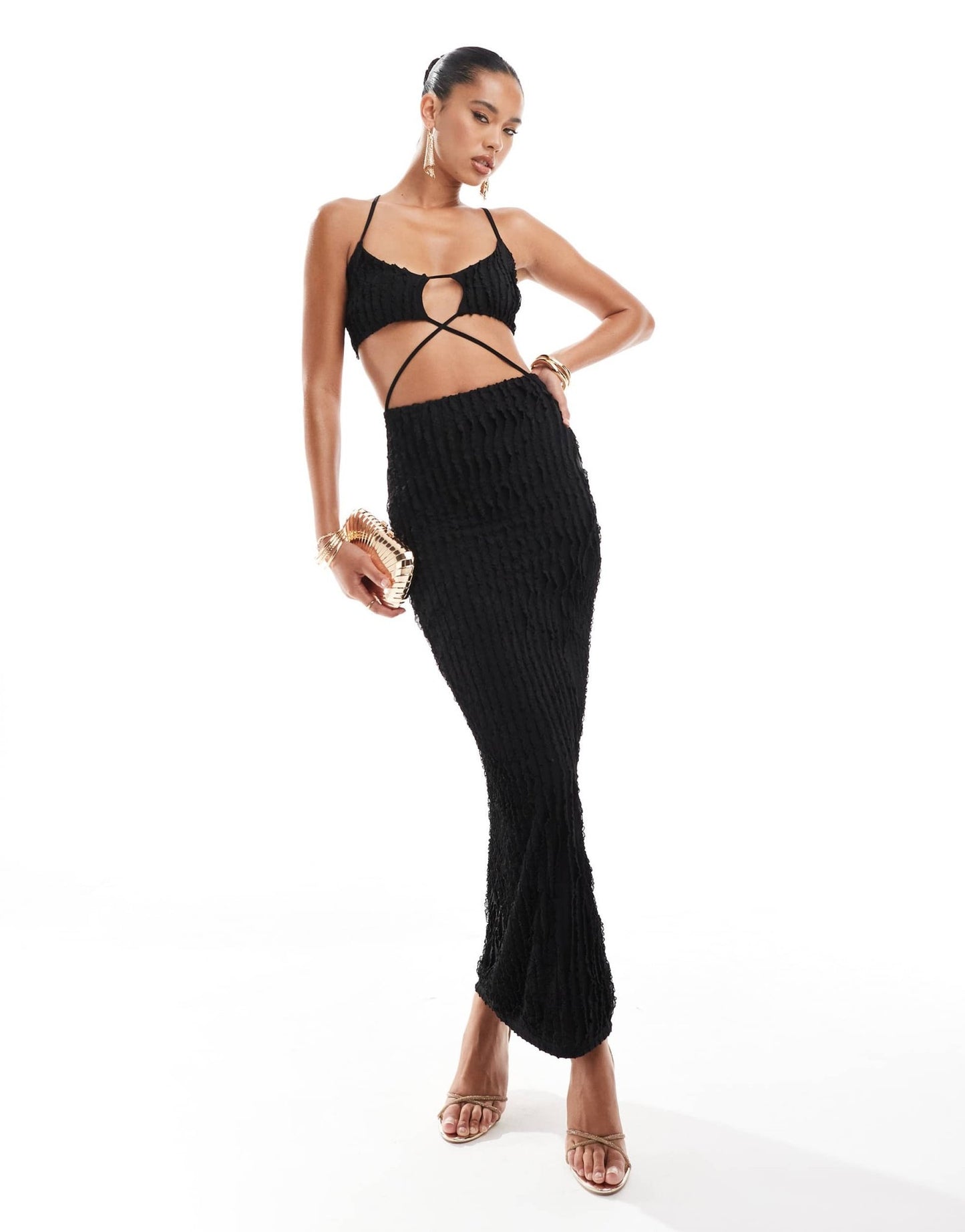 ASOS DESIGN textured ruffle cut out cami maxi dress in black - ASOS Sample Sale EU Store
