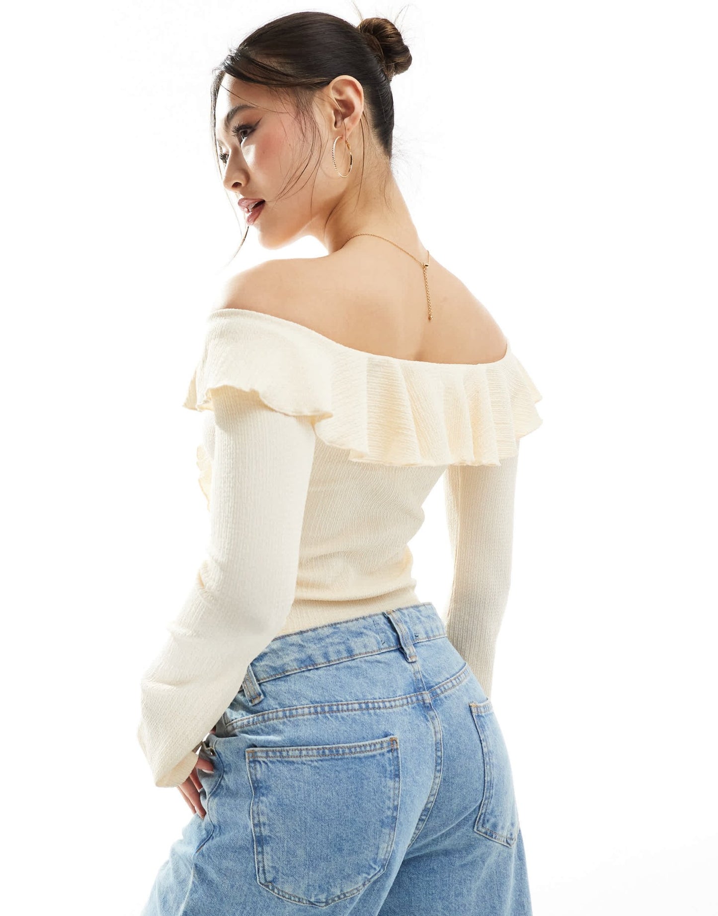 ASOS DESIGN textured ruffle off shoulder top in ecru - ASOS Sample Sale EU Store