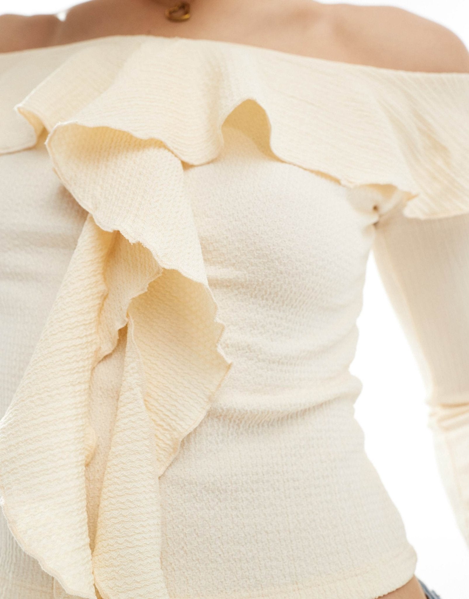 ASOS DESIGN textured ruffle off shoulder top in ecru - ASOS Sample Sale EU Store