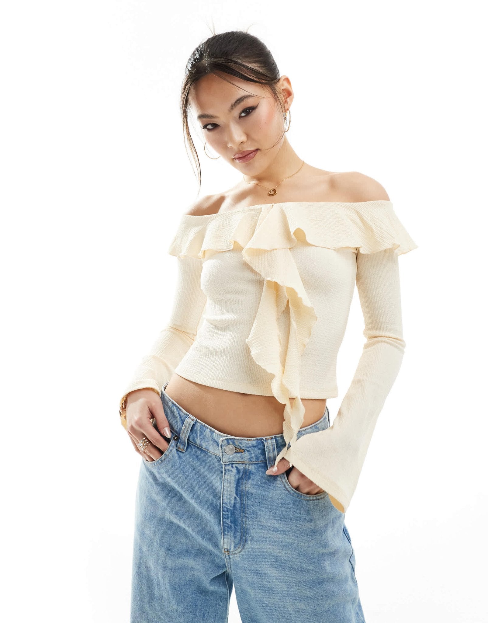 ASOS DESIGN textured ruffle off shoulder top in ecru - ASOS Sample Sale EU Store