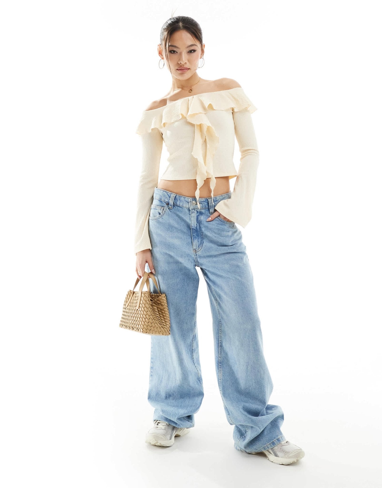 ASOS DESIGN textured ruffle off shoulder top in ecru - ASOS Sample Sale EU Store