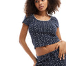 ASOS DESIGN textured square neck cap sleeve t-shirt co-ord in navy ditsy print