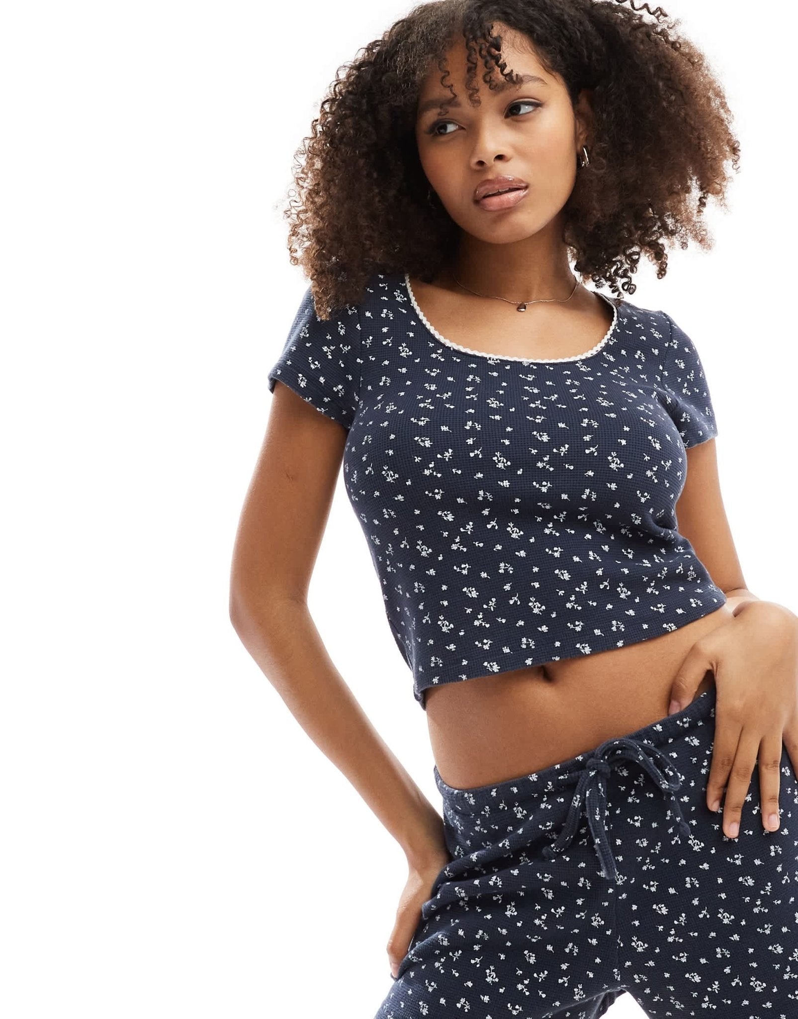 ASOS DESIGN textured square neck cap sleeve t-shirt co - ord in navy ditsy print - ASOS Sample Sale EU Store