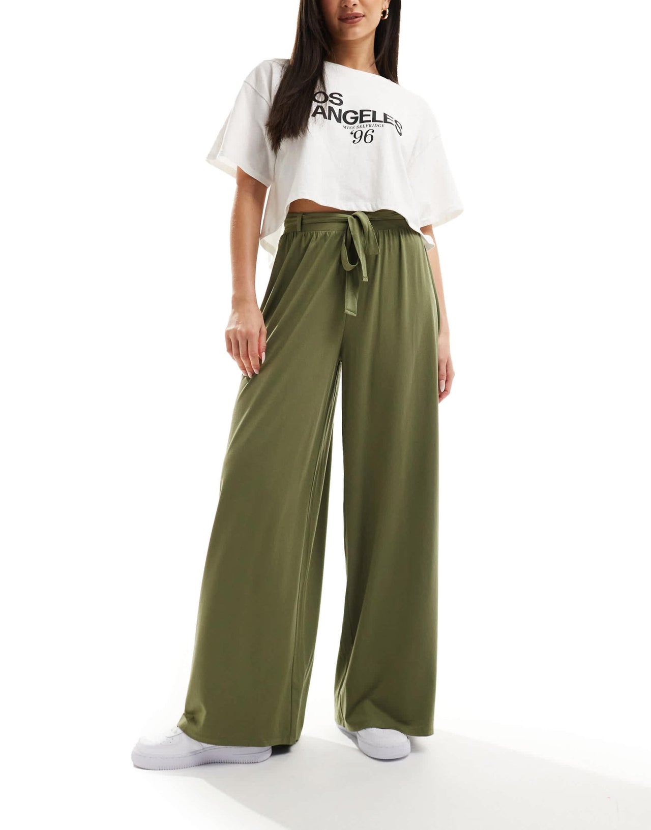 ASOS DESIGN tie belt wide leg trouser in khaki - ASOS Sample Sale EU Store