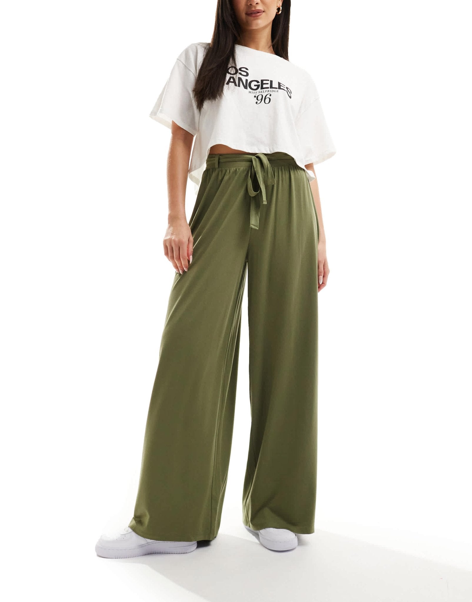 ASOS DESIGN tie belt wide leg trouser in khaki - ASOS Sample Sale EU Store