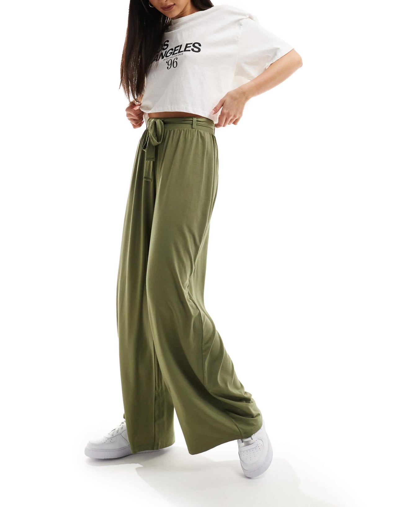 ASOS DESIGN tie belt wide leg trouser in khaki - ASOS Sample Sale EU Store