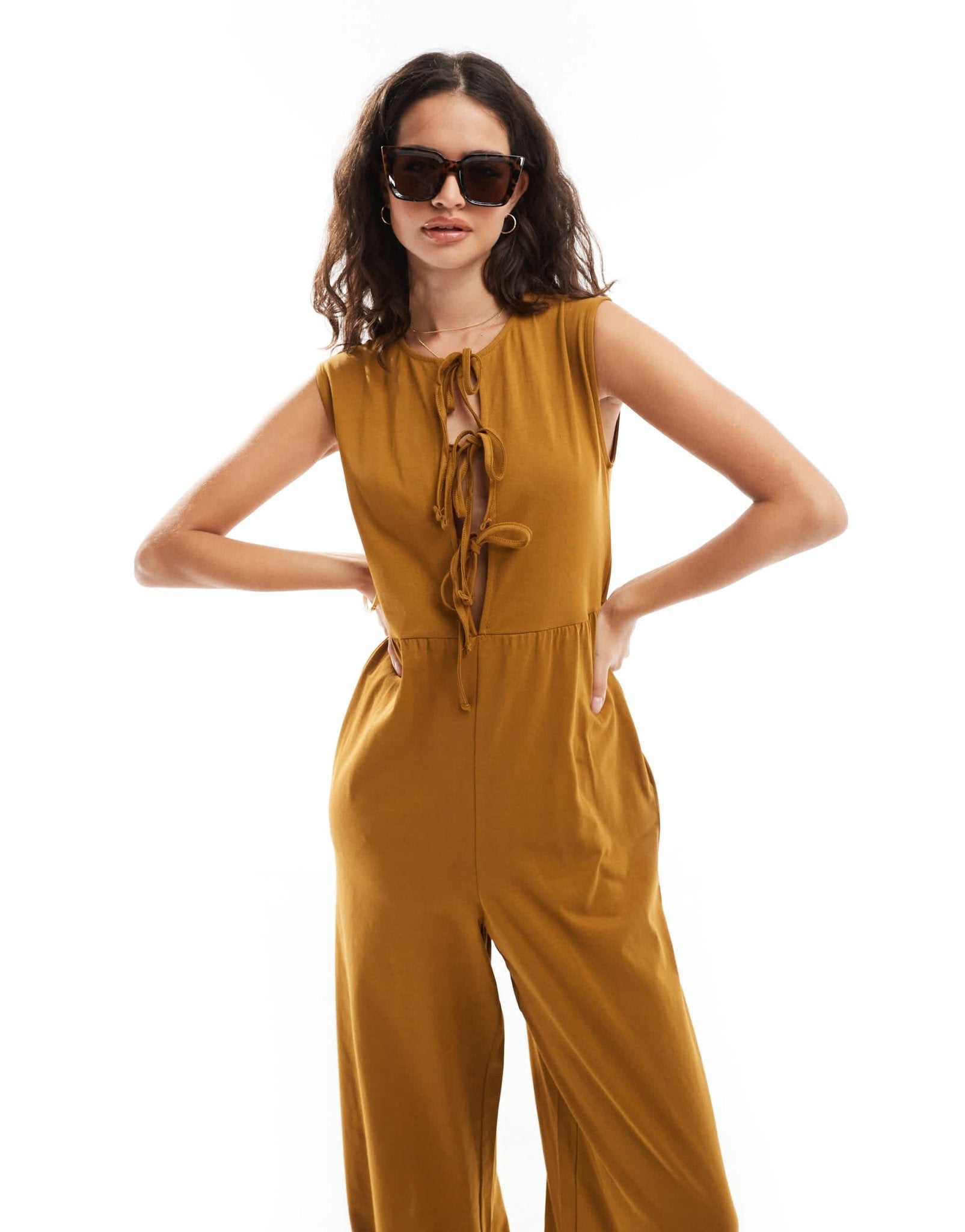 ASOS DESIGN tie front wide leg jumpsuit in brown - ASOS Sample Sale EU Store