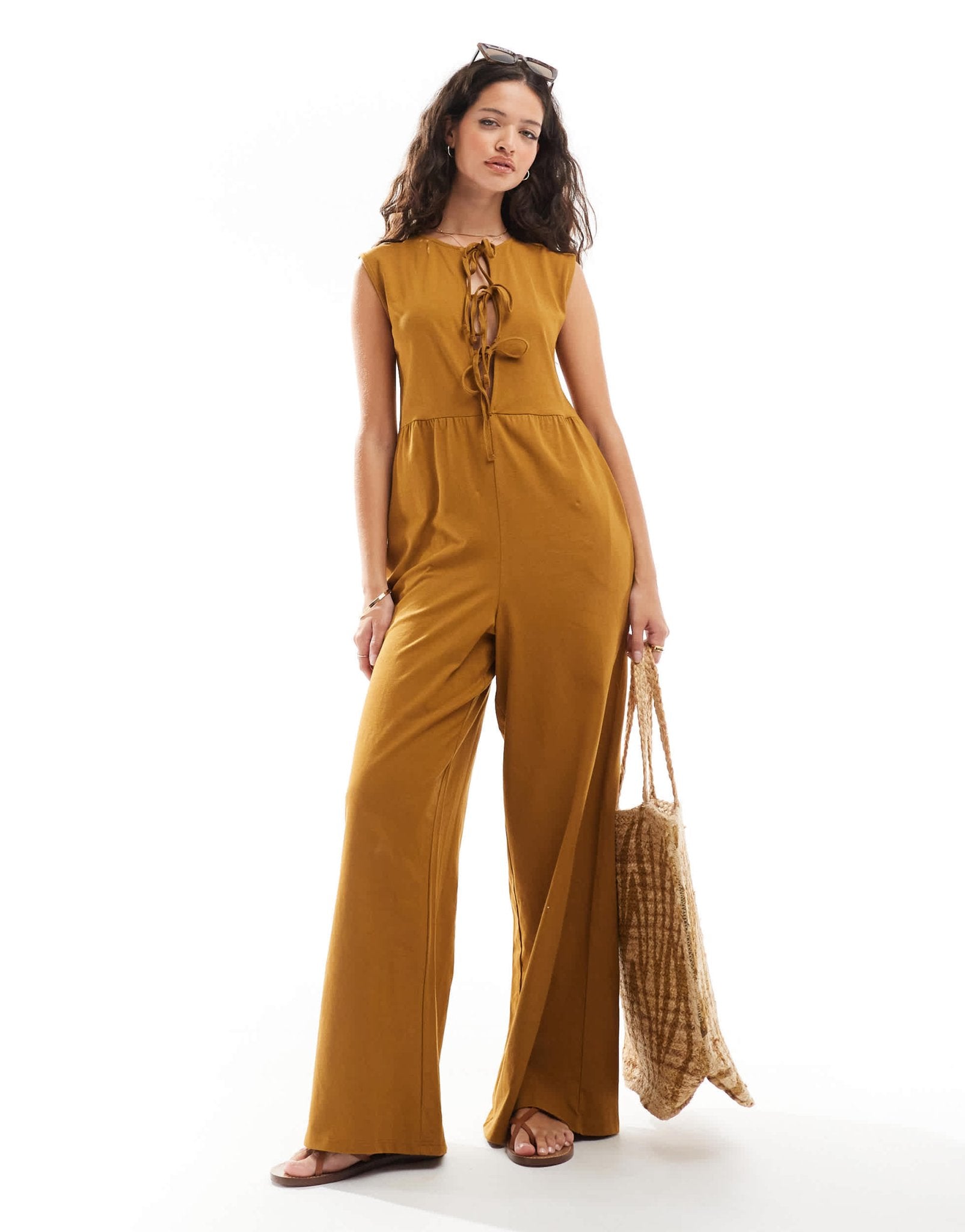 ASOS DESIGN tie front wide leg jumpsuit in brown - ASOS Sample Sale EU Store