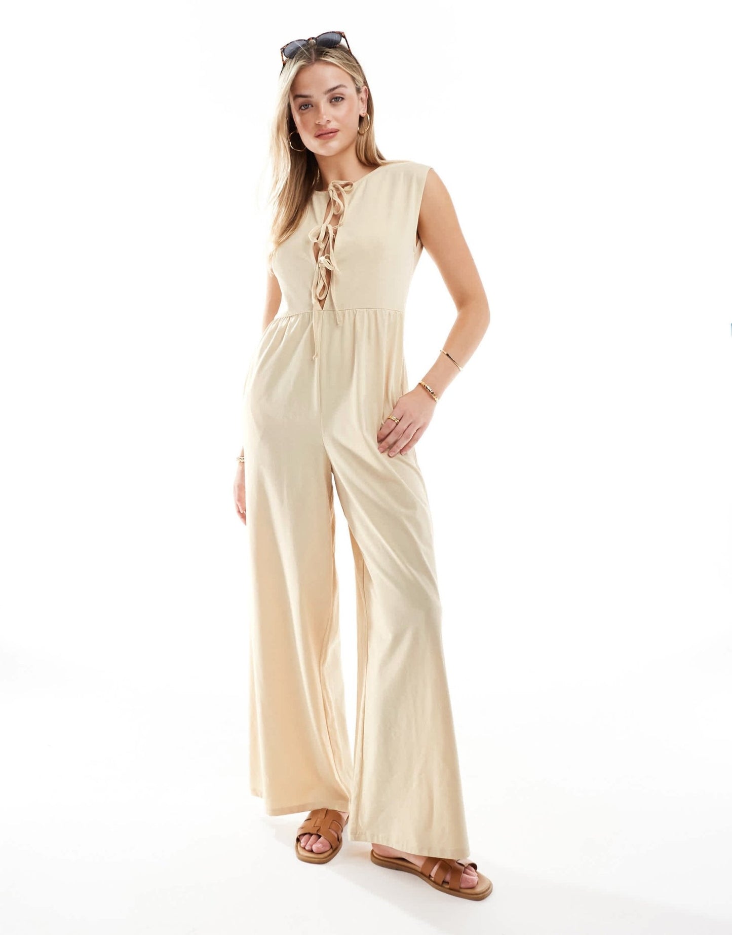 ASOS DESIGN tie front wide leg jumpsuit in stone - ASOS Sample Sale EU Store