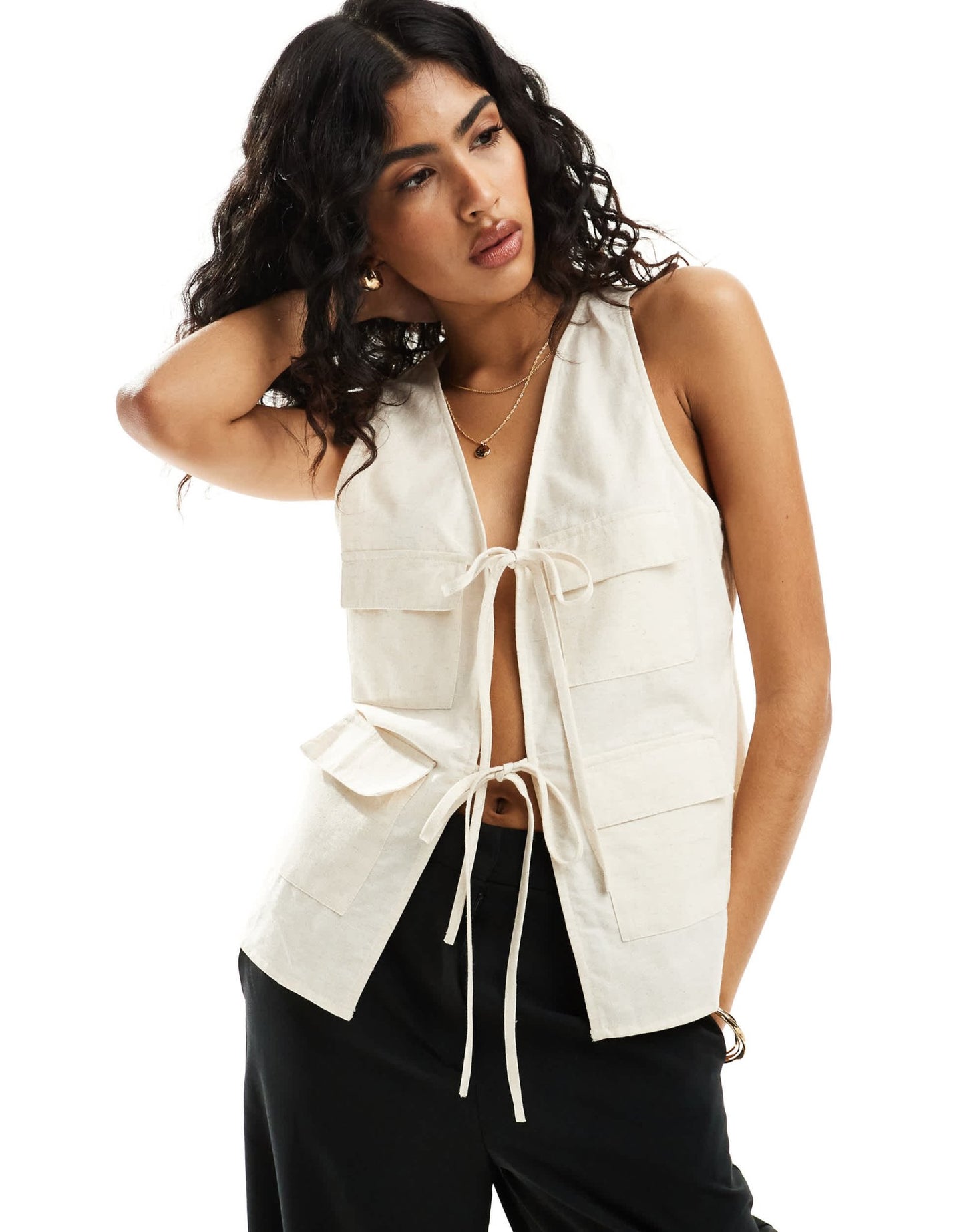 ASOS DESIGN tie waist linen waistcoat in natural - ASOS Sample Sale EU Store