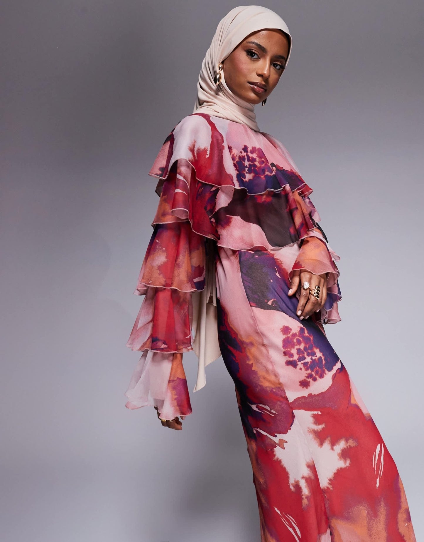 ASOS DESIGN tiered ruffle overlay bias maxi dress in abstract print - ASOS Sample Sale EU Store