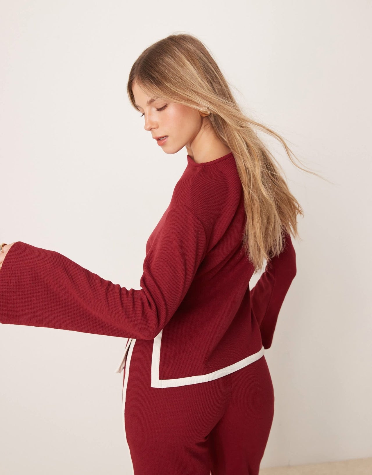 ASOS DESIGN tipped waffle co ord top with flare sleeve in burgundy - ASOS Sample Sale EU Store