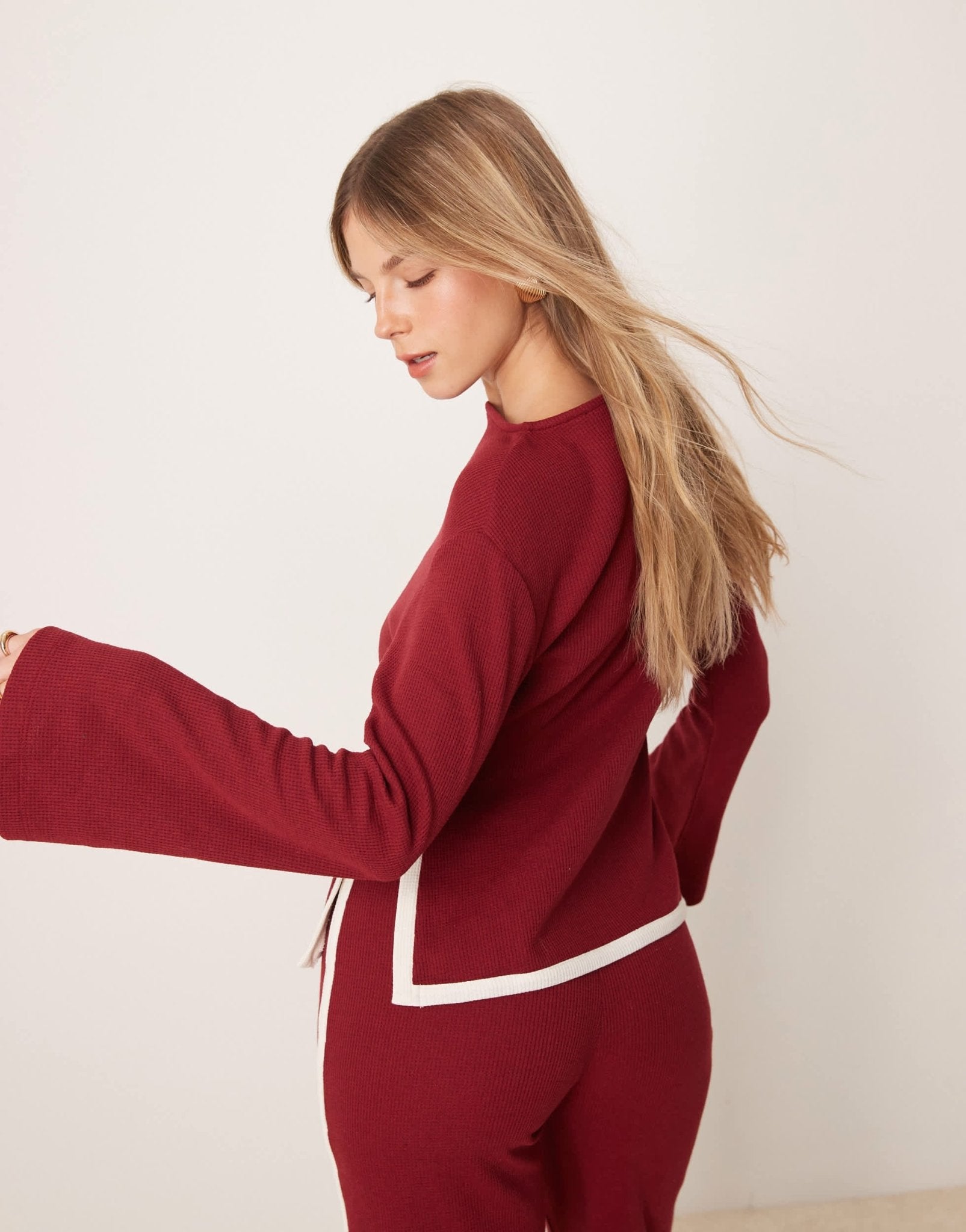ASOS DESIGN tipped waffle co ord top with flare sleeve in burgundy - ASOS Sample Sale EU Store