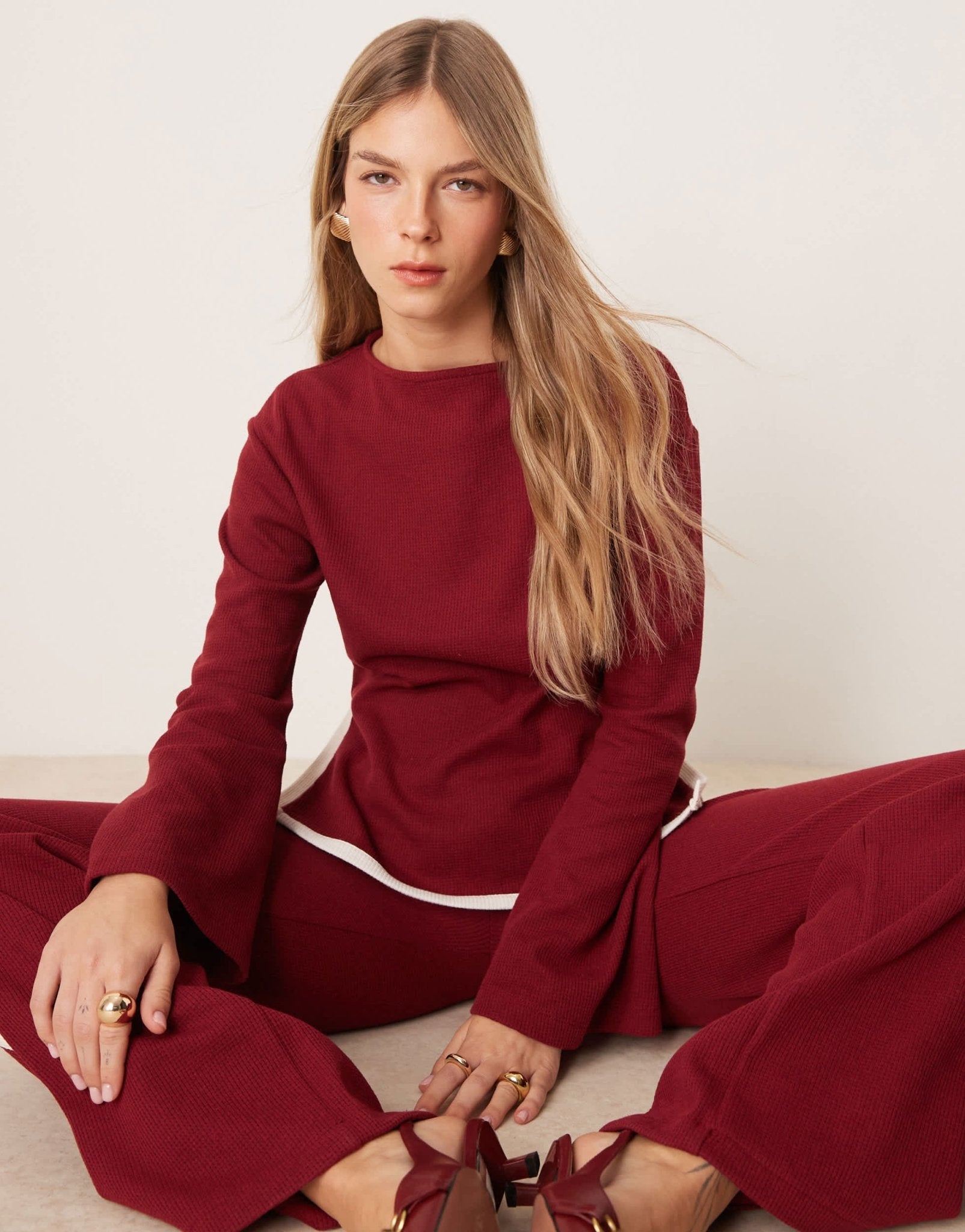 ASOS DESIGN tipped waffle co ord top with flare sleeve in burgundy - ASOS Sample Sale EU Store