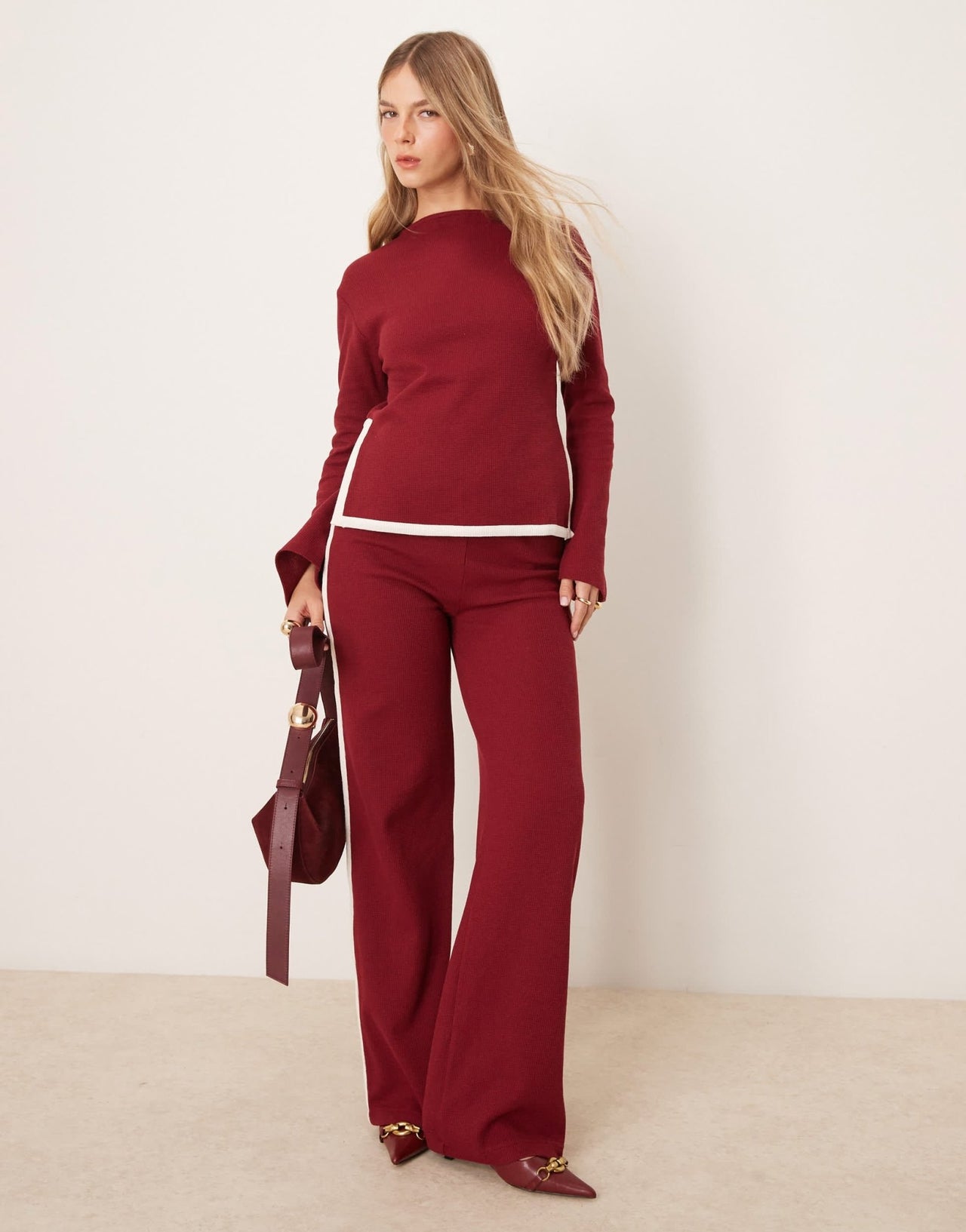 ASOS DESIGN tipped waffle co ord top with flare sleeve in burgundy - ASOS Sample Sale EU Store