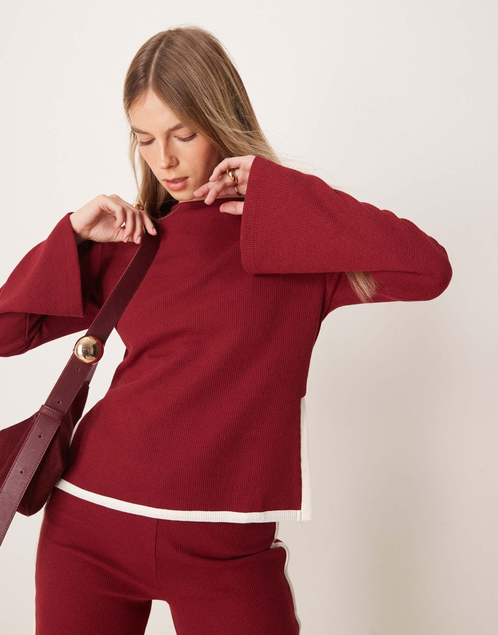 ASOS DESIGN tipped waffle co ord top with flare sleeve in burgundy - ASOS Sample Sale EU Store