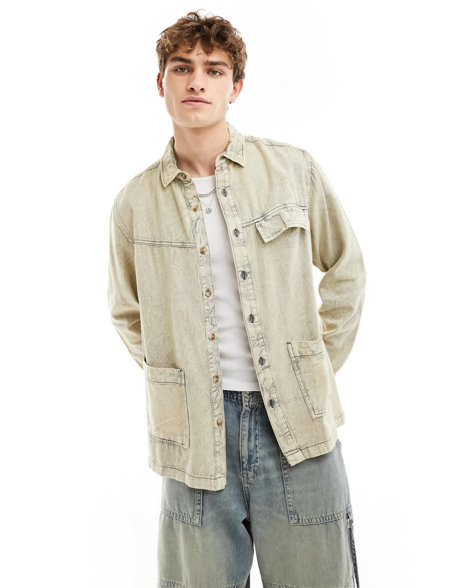 ASOS DESIGN twill overshirt with double pockets in washed stone - ASOS Sample Sale EU Store