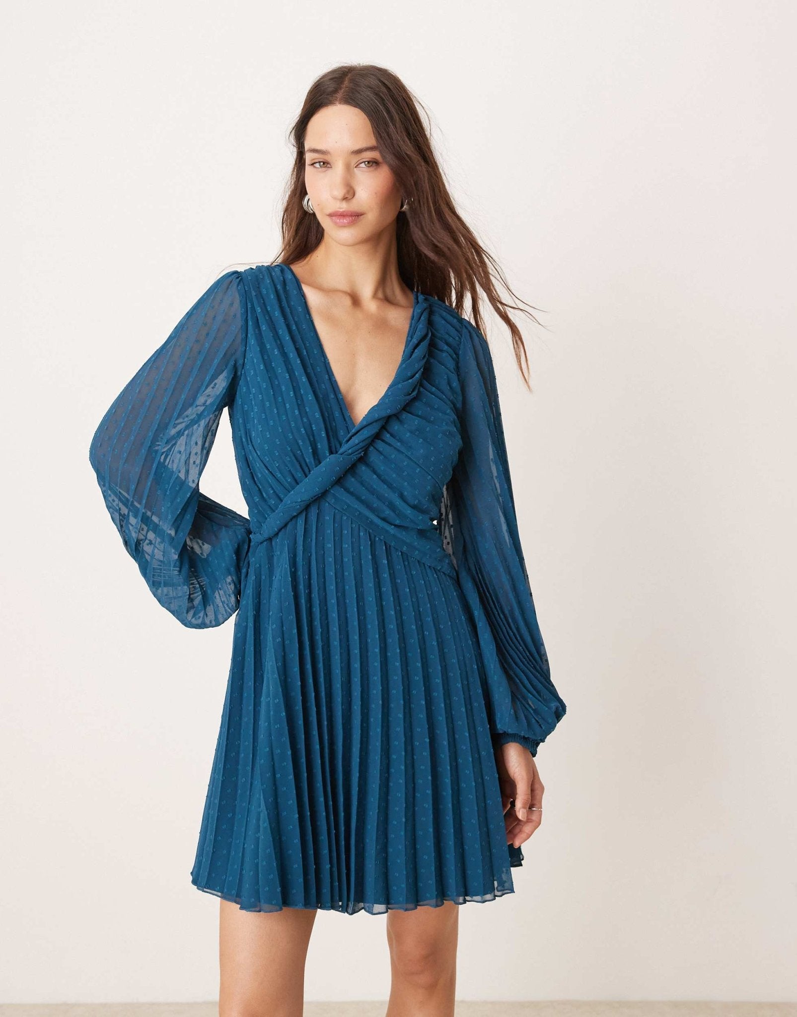 ASOS DESIGN twist detail wrap front pleated mini dress in petrol blue - ASOS Sample Sale EU Store