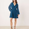 ASOS DESIGN twist detail wrap front pleated mini dress in petrol blue
