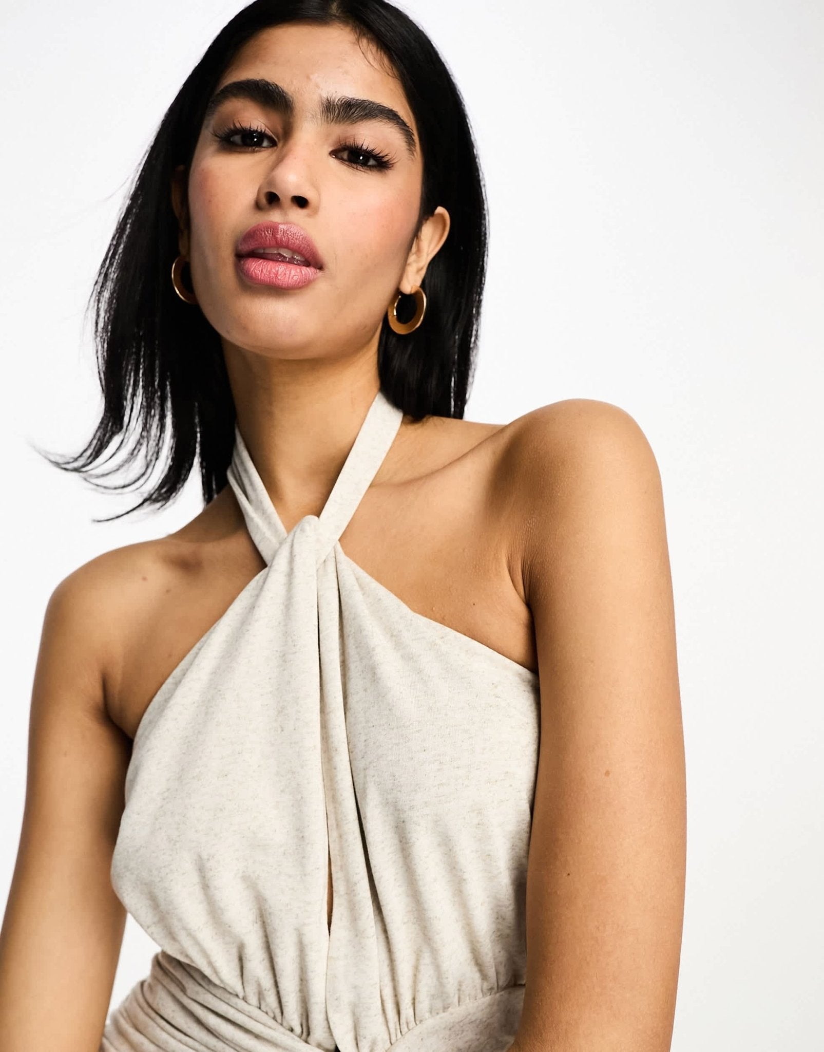 ASOS DESIGN twist neck halter mini dress with ruched skirt in oatmeal - ASOS Sample Sale EU Store
