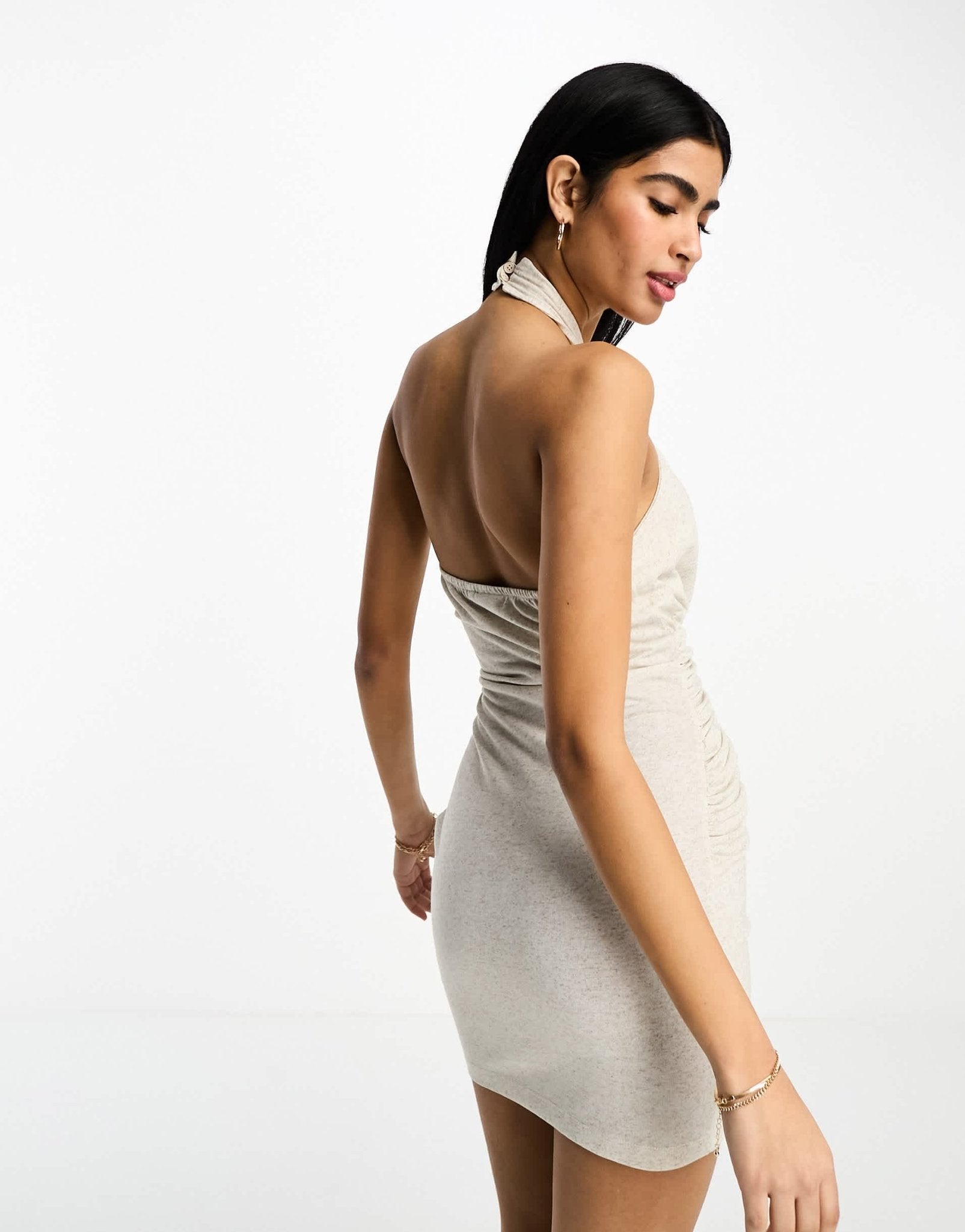 ASOS DESIGN twist neck halter mini dress with ruched skirt in oatmeal - ASOS Sample Sale EU Store