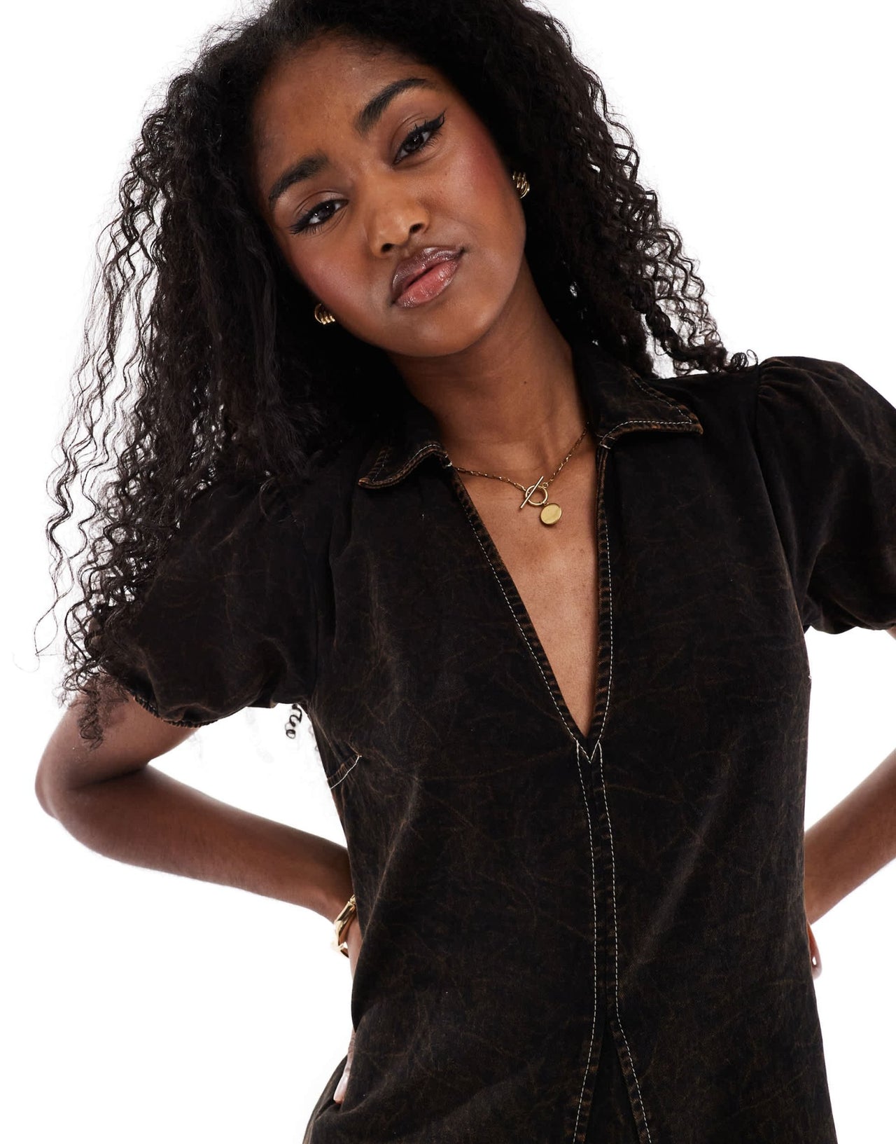 ASOS DESIGN v neck collar twill maxi dress with puff sleeve in black acid wash - ASOS Sample Sale EU Store