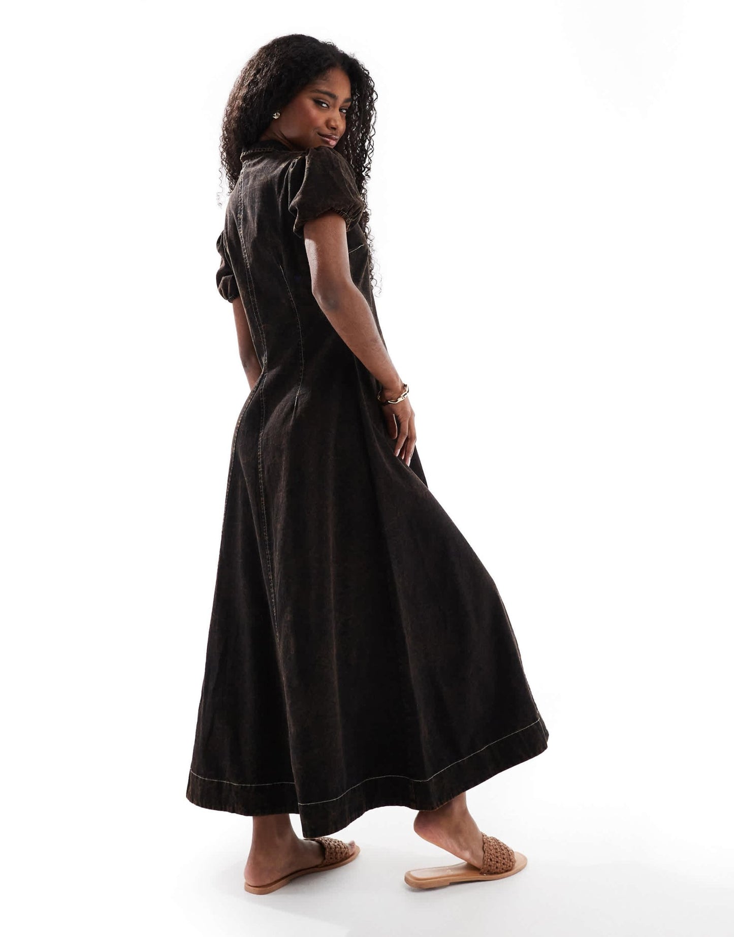 ASOS DESIGN v neck collar twill maxi dress with puff sleeve in black acid wash - ASOS Sample Sale EU Store