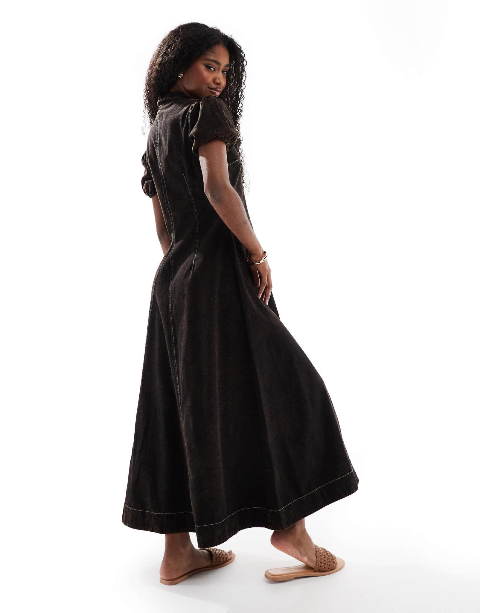 ASOS DESIGN v neck collar twill maxi dress with puff sleeve in black acid wash - ASOS Sample Sale EU Store